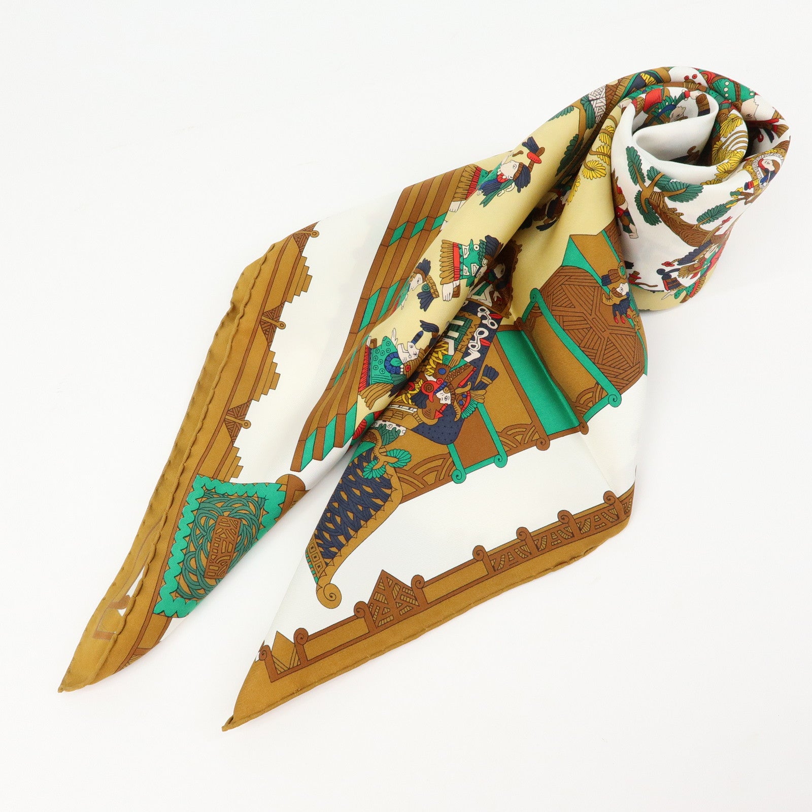 HERMES Carre 90 Silk 100% Scarf ASTRES et SOLEILS Brown Green White