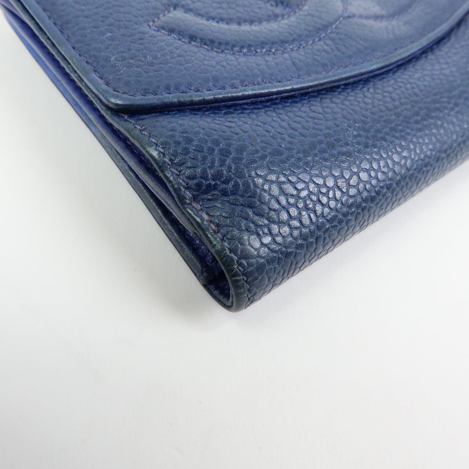 CHANEL COCO Mark Caviarskin W Hook Compact Wallet Navy A01427