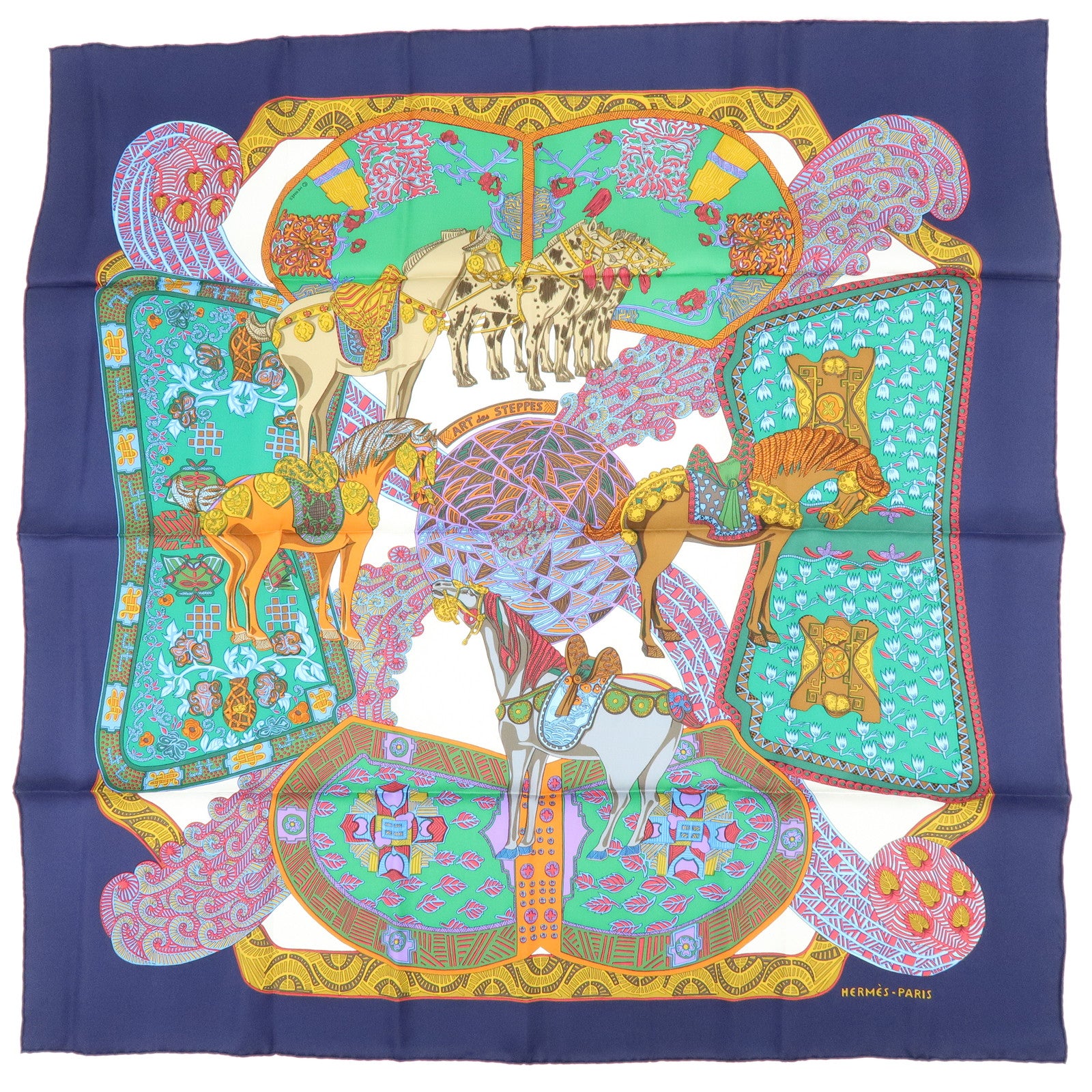 HERMES Carre 90 Silk 100% Scarf ART des STEPPES Horse Print Navy
