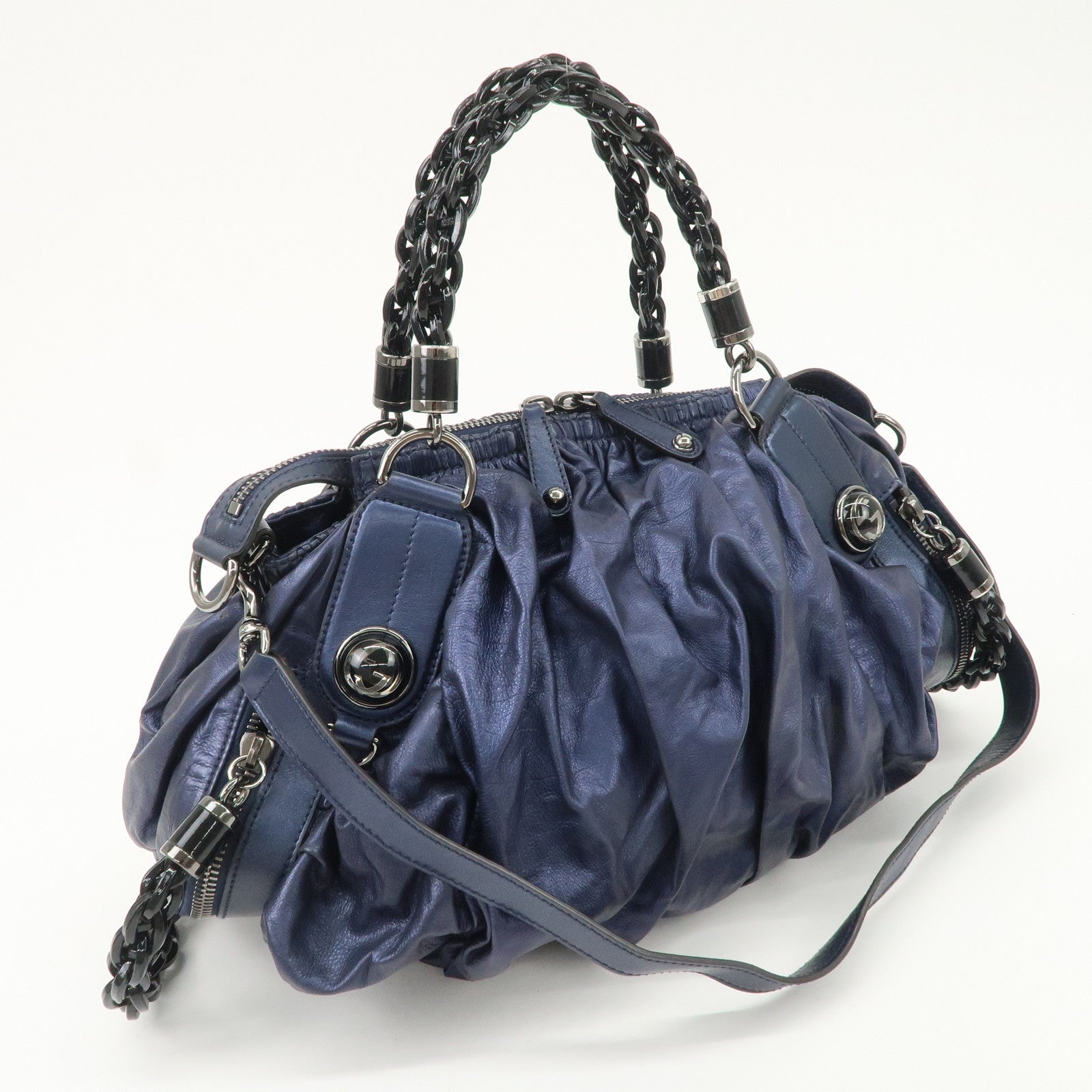 GUCCI Galaxy Leather 2 Way Chain Boston Bag Metallic Blue 228838 Used