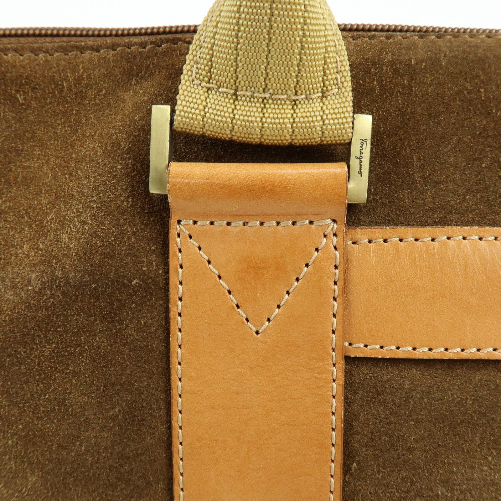 Ferragamo Suede Leather Tote Bag Shoulder Bag Hand Bag Brown