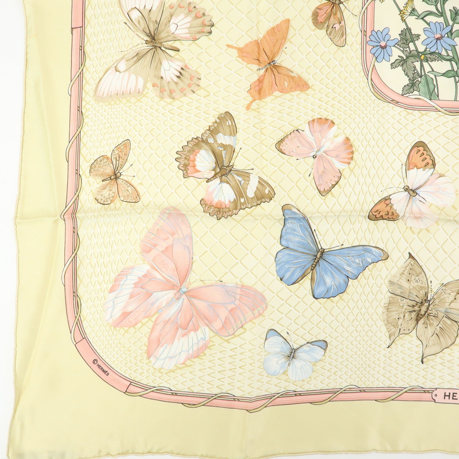 HERMES Carre 90 Set of 2 Silk 100% Scarf Beige Pink Green Yellow