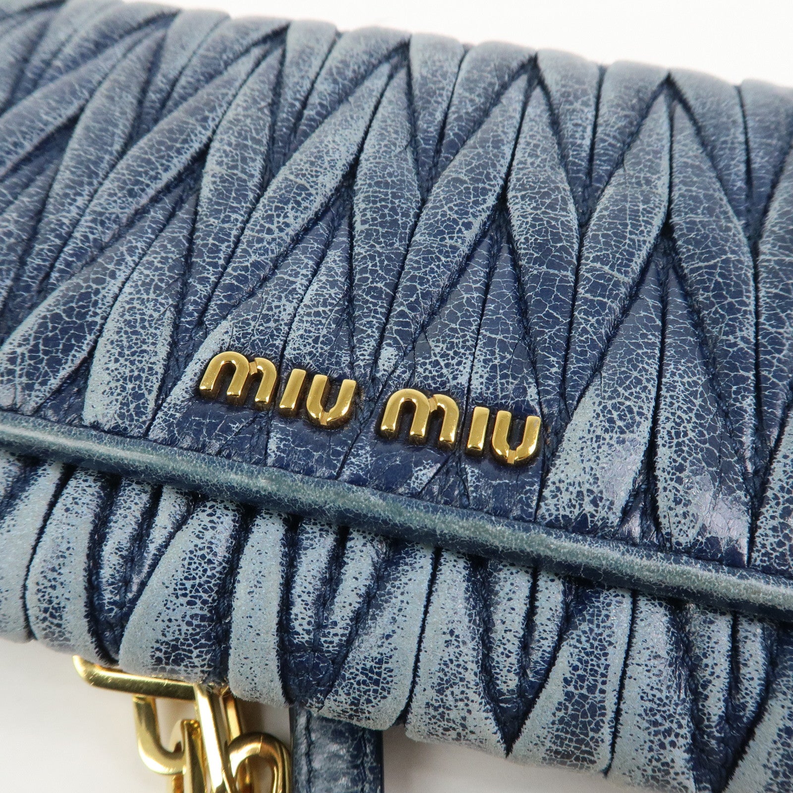 MIU MIU Matelasse Logo Leather Chain Shoulder Wallet Blue 5M1290
