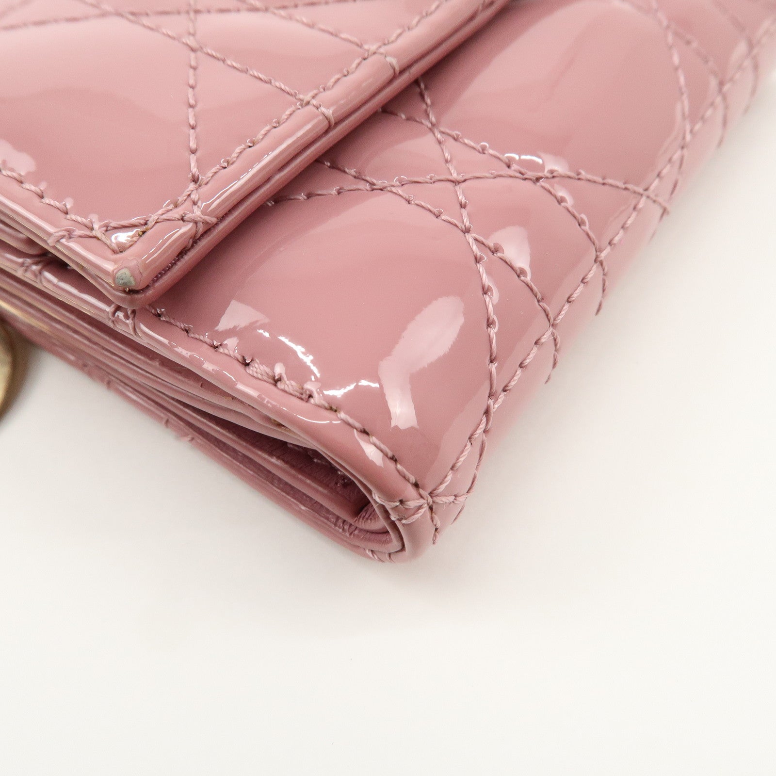 Christian Dior Lady Dior Cannage Patent Leather Tri-fold Wallet Pink Used