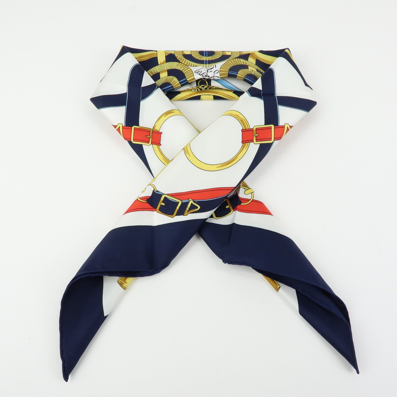 HERMES Carre 90 Silk 100% Scarf Eperon d'or White Navy Red Yellow