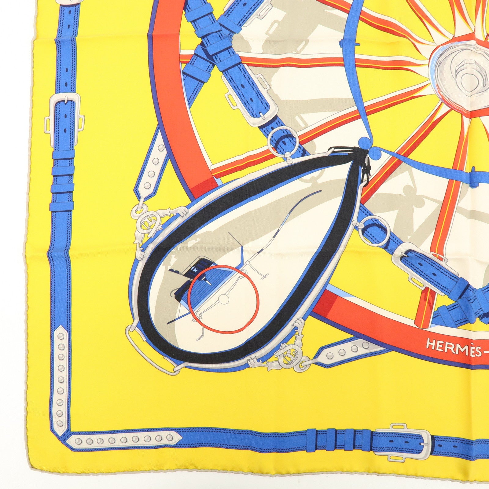 HERMES Carre 90 Silk 100% Scarf En Roue Libre Belt Print Yellow