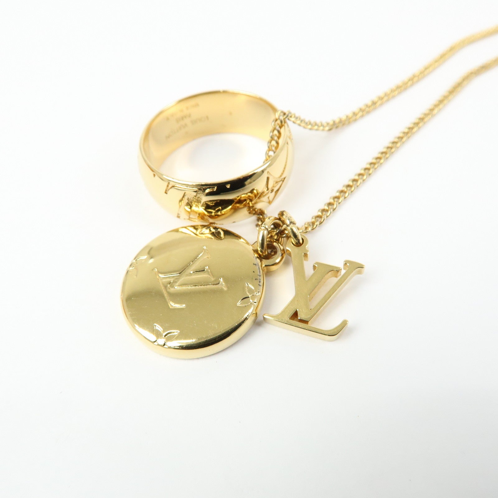 Louis Vuitton Metal Monogram Ring Necklace Gold M80189