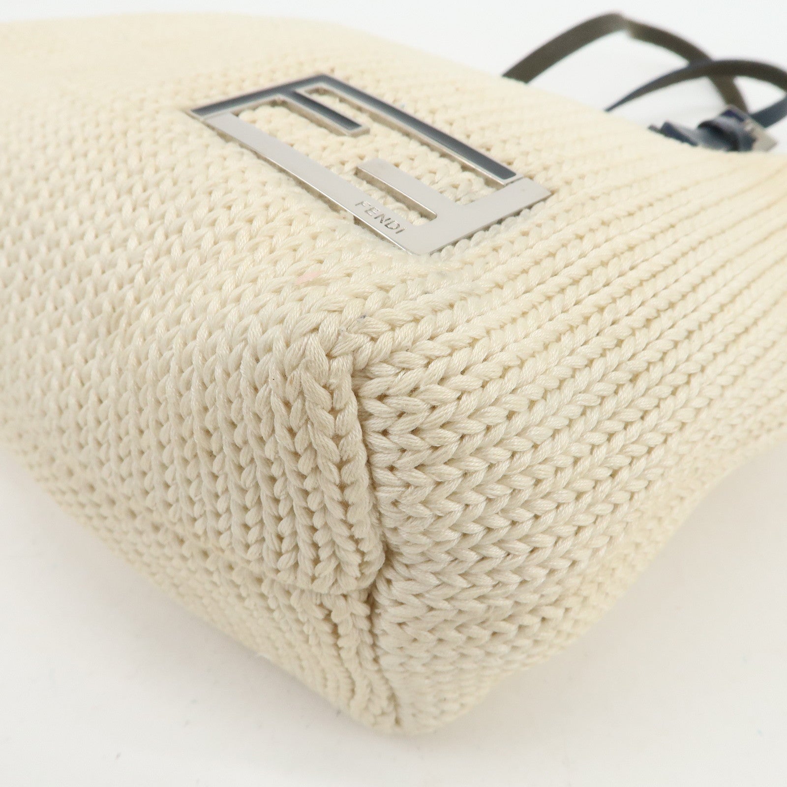 FENDI Logo Wool Leather Hand Bag Shoulder Bag Ivory Navy 26731