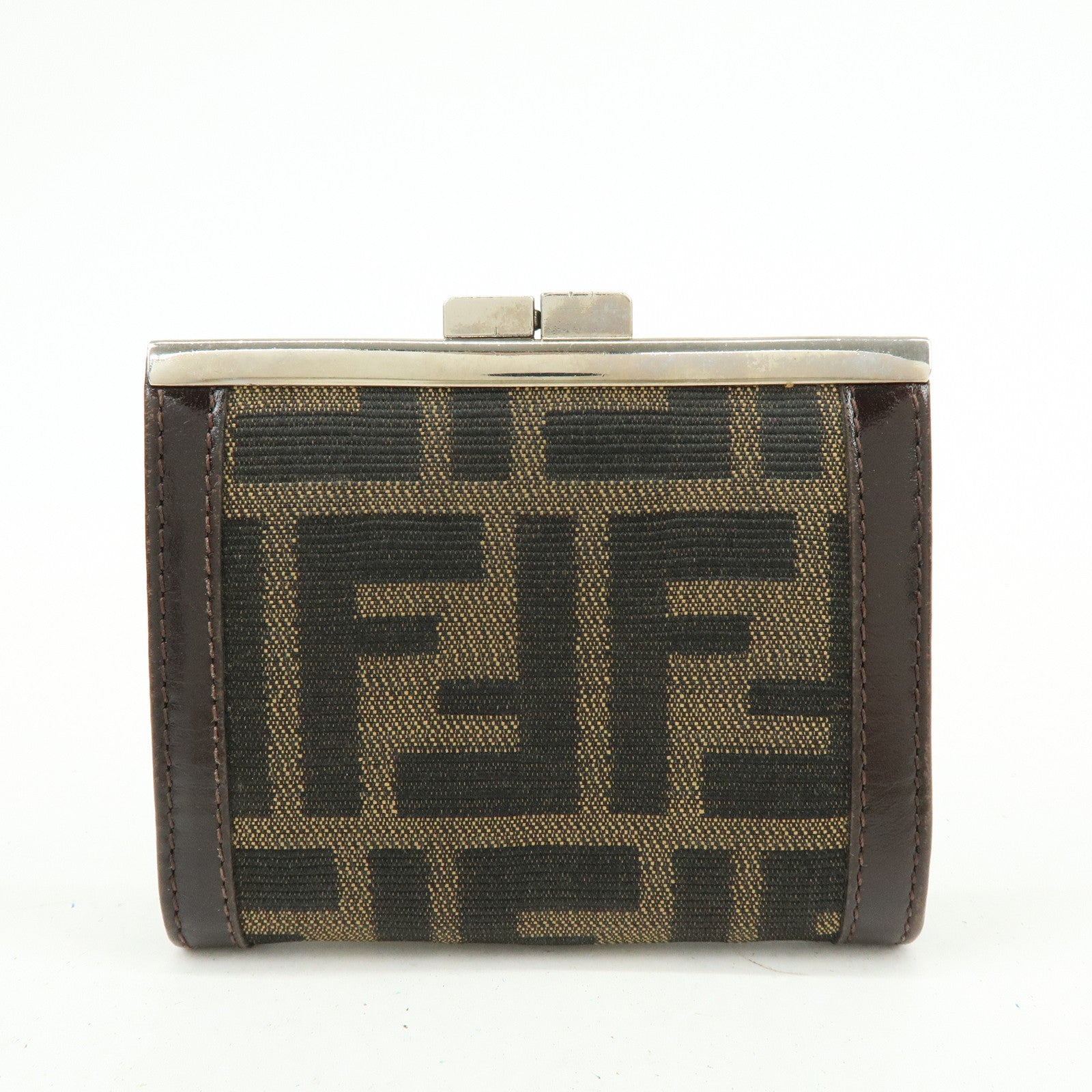 FEND Zucca Canvas Leather Compact Wallet Coin Case Brown