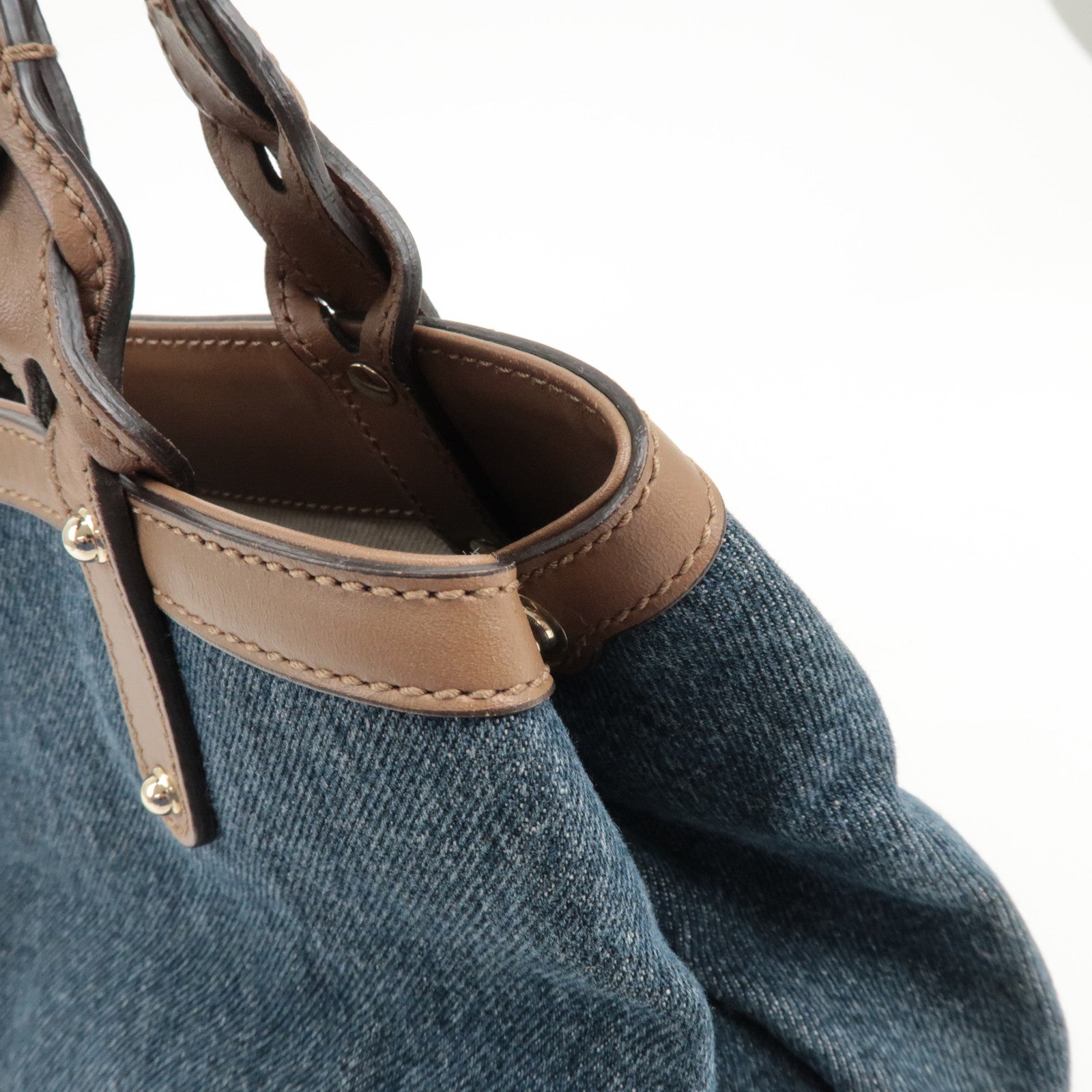 GUCCI Craft Denim Leather Tote Bag Hand Bag Navy Brown 348715 Used