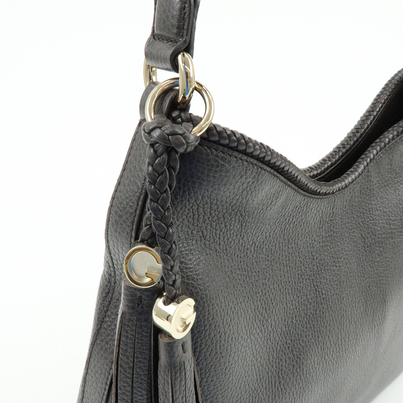 GUCCI Leather Shoulder Bag Tassel Charm Dark Brown 336659