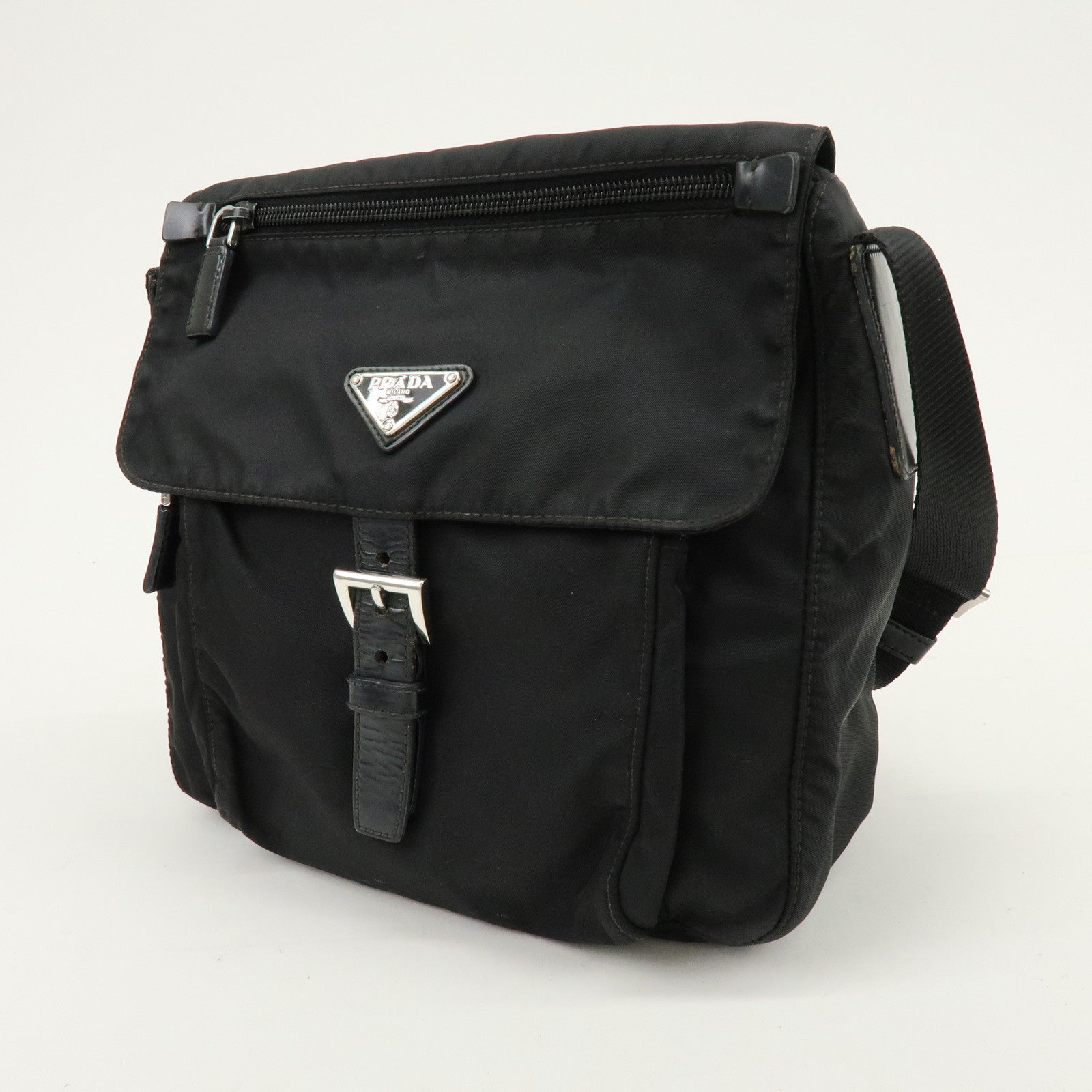 PRADA Triangle Logo Nylon Leather Shoulder Bag Crossbody Bag Black