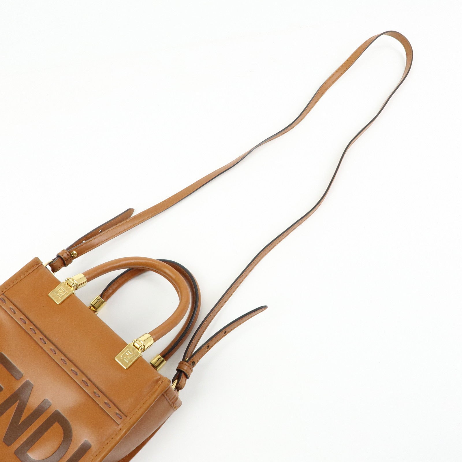 FENDI Leather Sunshine Shopper Small 2Way Hand Bag Brown 8BS092