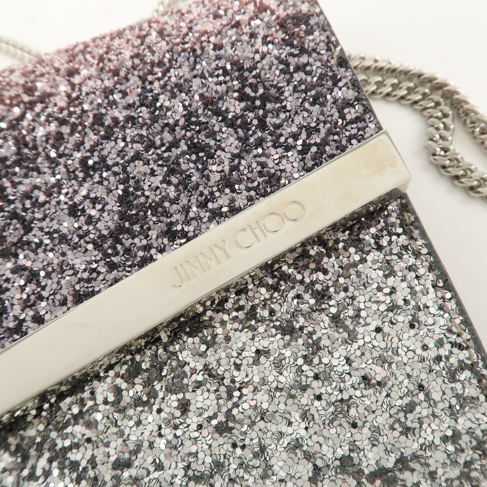 JIMMY CHOO Chain Shoulder Bag Clutch Bag Glitter Pink Gray Silver