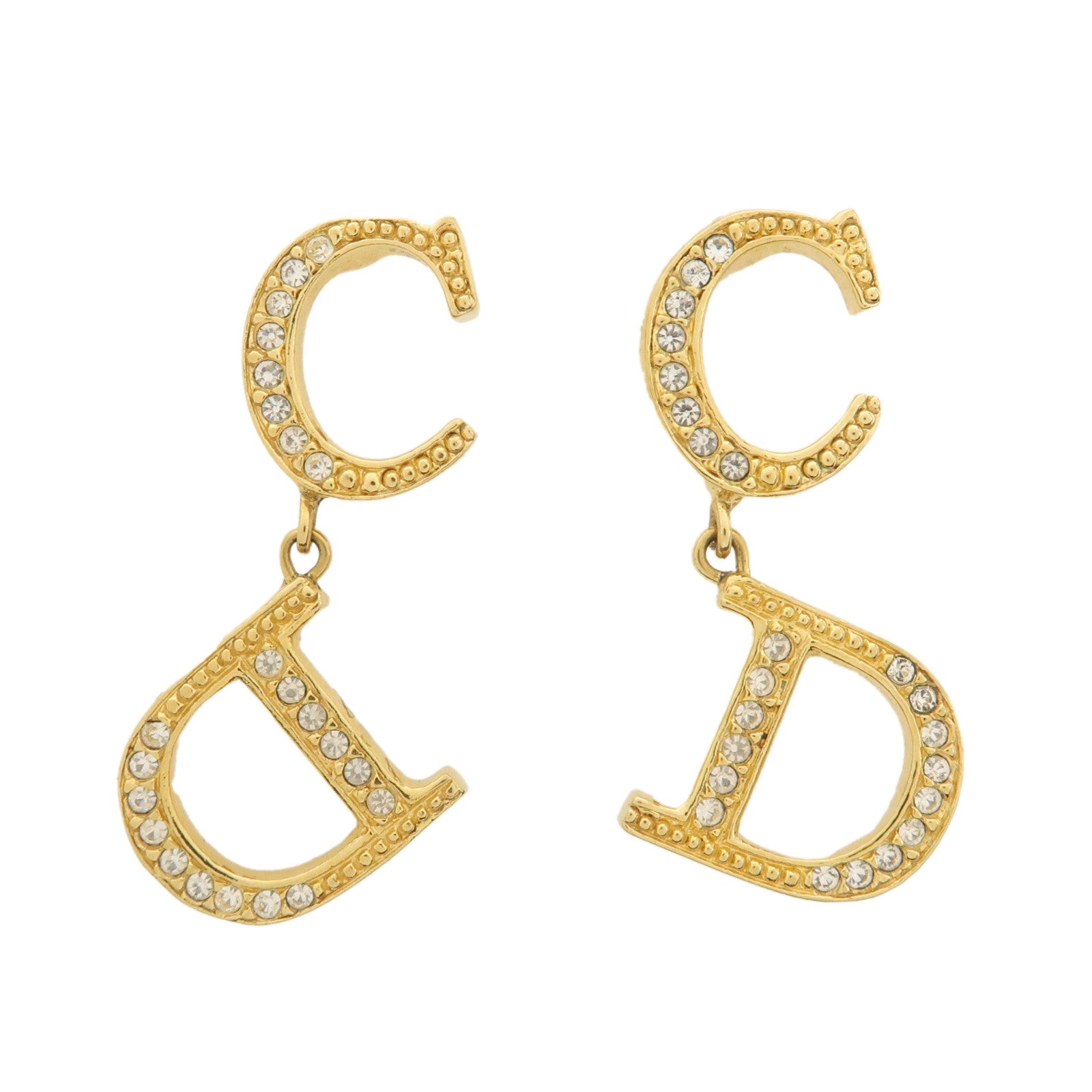 Christian Dior Gold-Tone Logo Metal Rhinestone Earrings