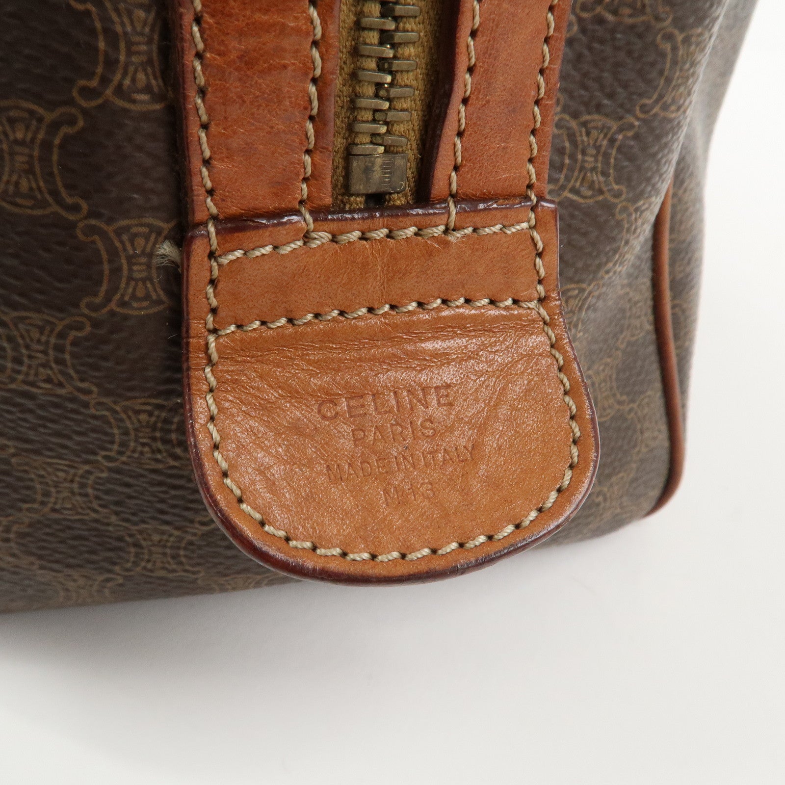 CELINE Macadam PVC Canvas Leather Boston Bag Hand Bag Brown