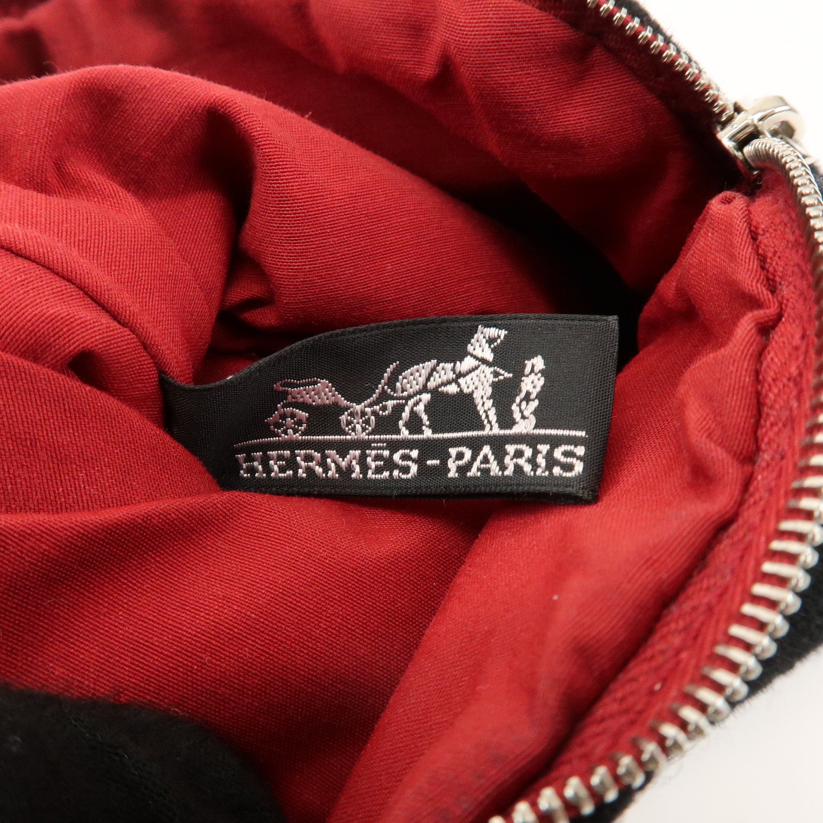 HERMES Bolide Pouch MM Wool Leather Cosmetic Pouch Black Red