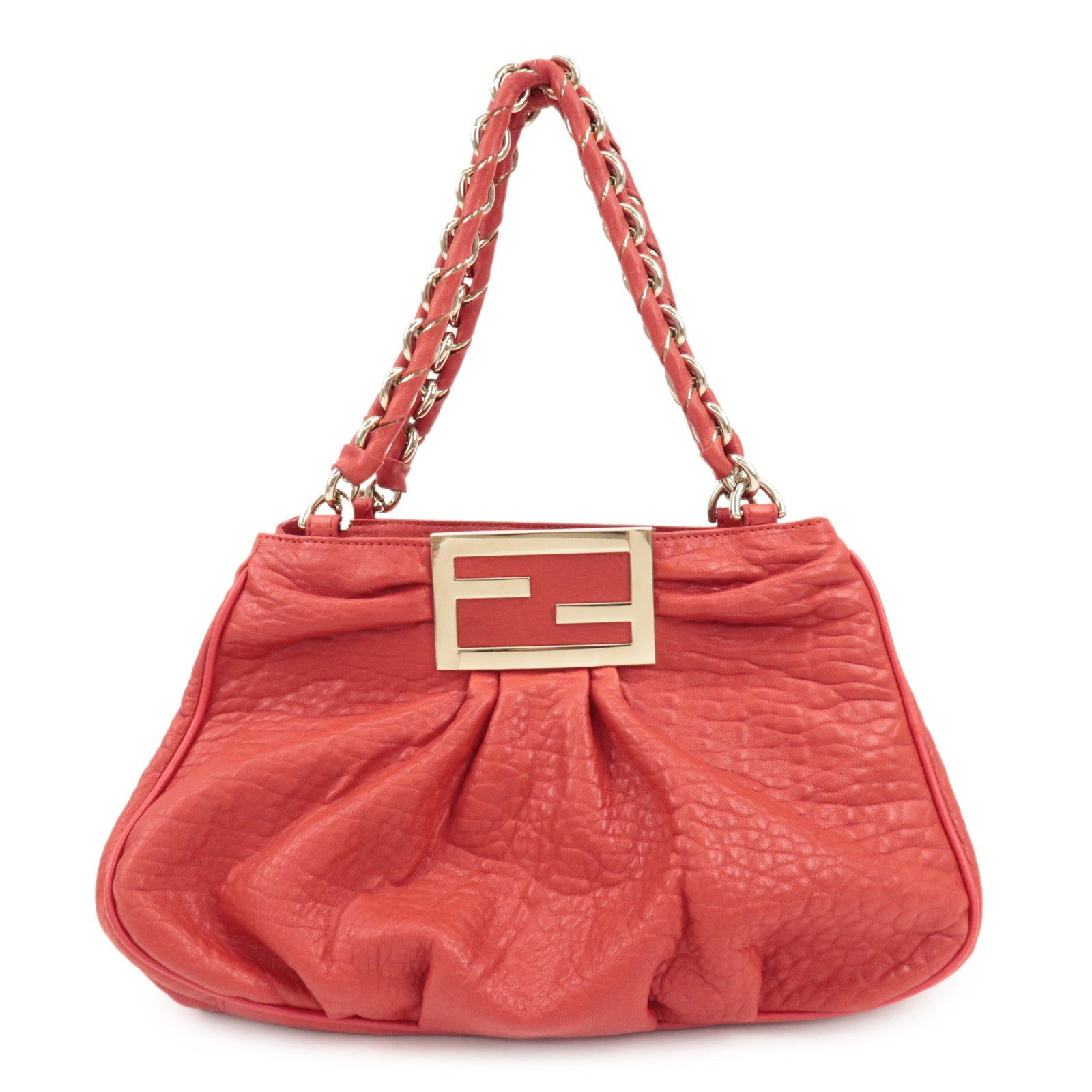 FENDI Leather Mia Chain Shoulder Bag Red Gold Hardware 8BR615 Used