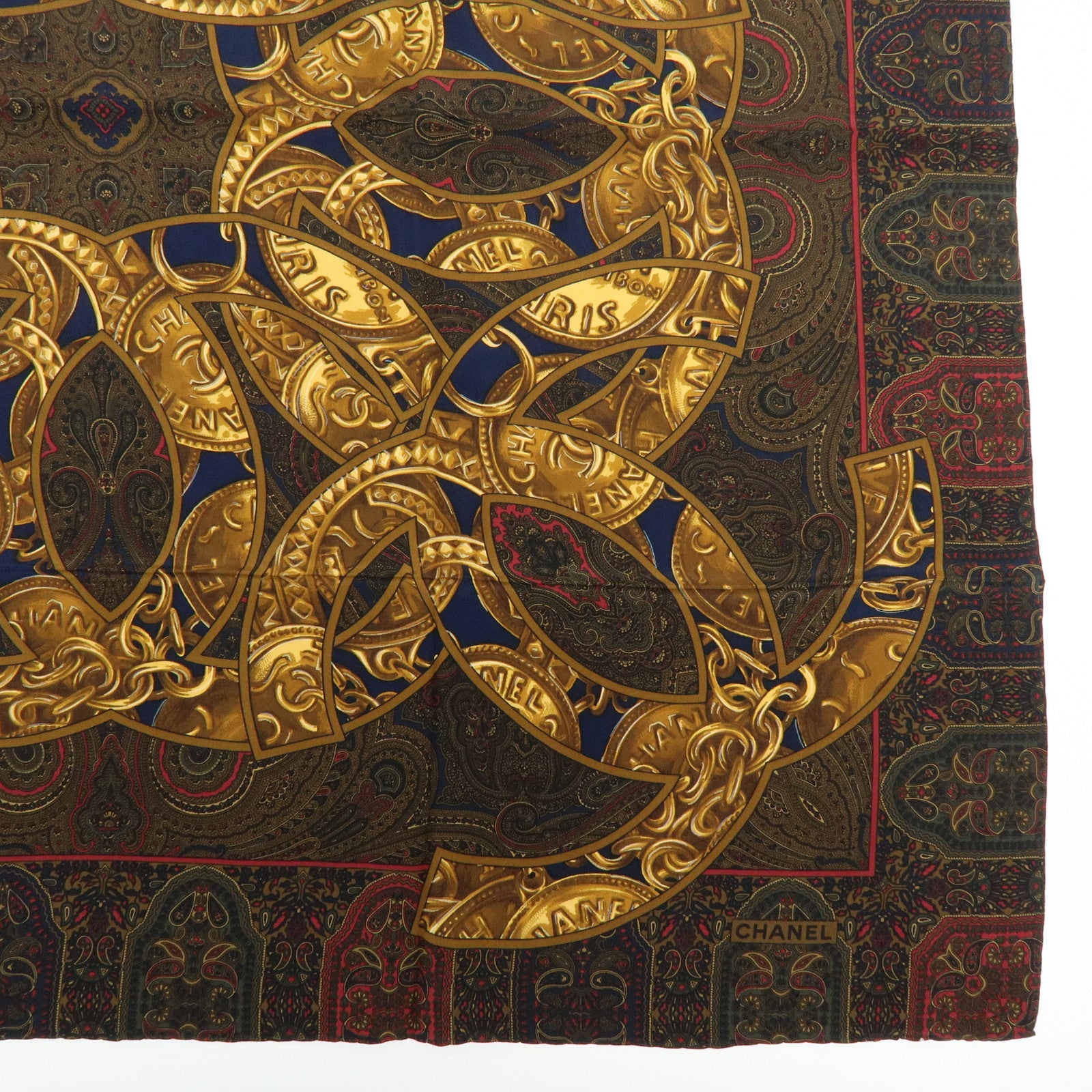 CHANEL Silk 100% Scarf Paisley Pattern Brown Multicolor