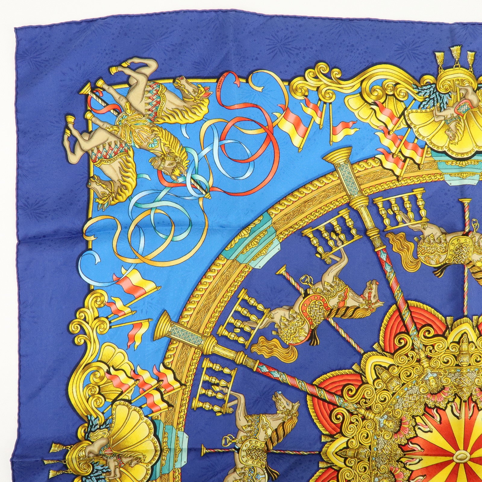 HERMES Carre 90 Silk 100% LUNA PARK Scarf Blue Gold