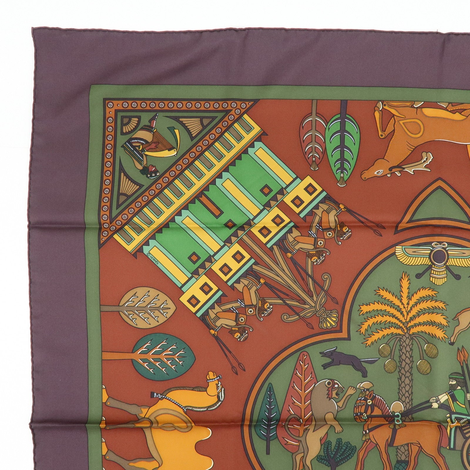 HERMES Carre 90 Silk 100% Scarf PERSEPOLIS Persian Print Brown