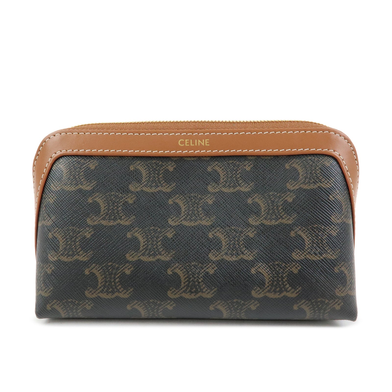 CELINE Triomphe PVC Calf Leather Cosmetic Pouch Tan Dark Brown