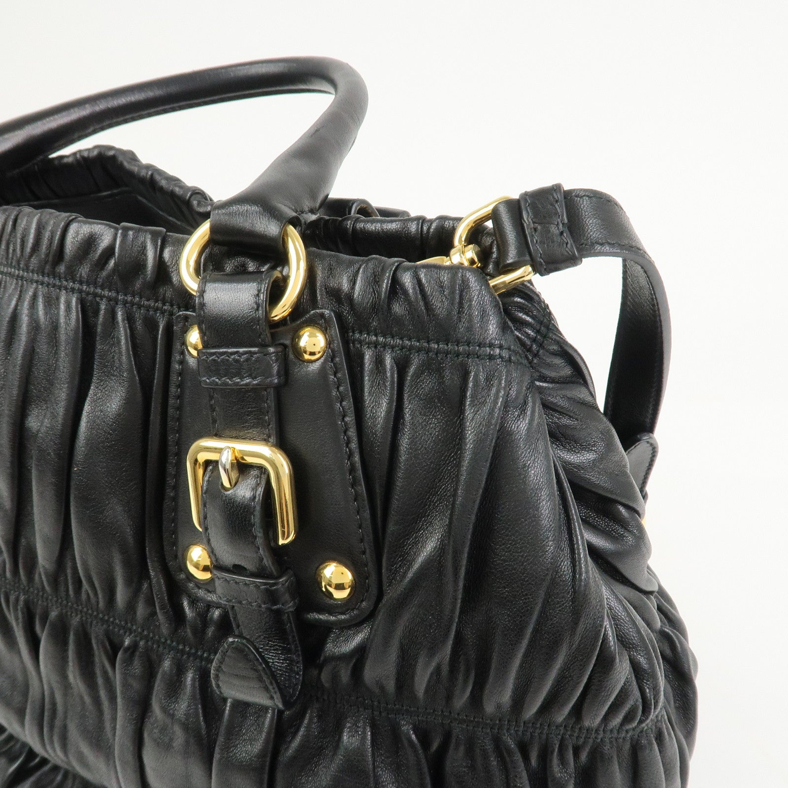 PRADA Leather Gathered 2Way Shoulder Bag Hand Bag Black BN1789