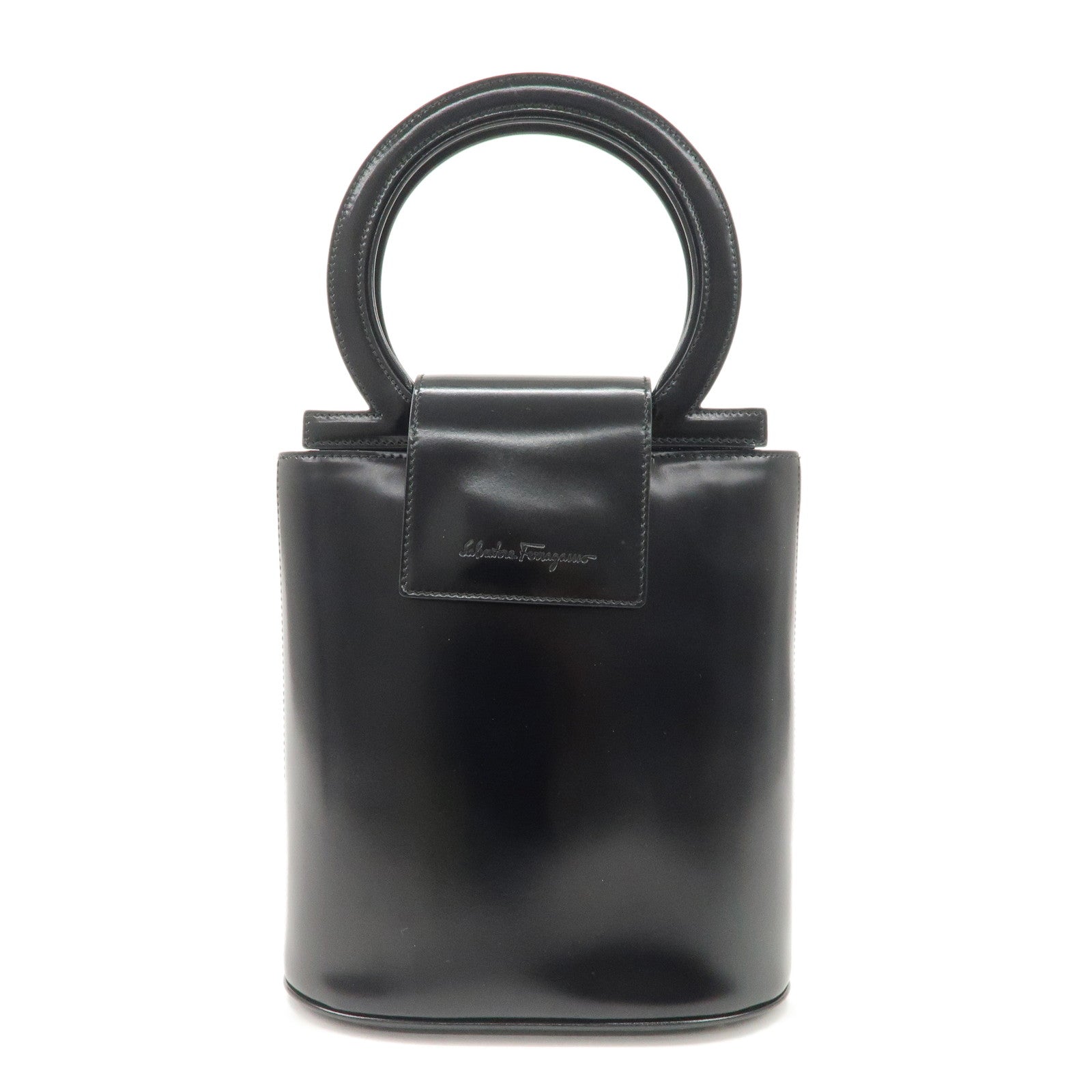 Ferragamo Gancini Leather Hand Bag Black Gold Hardware Used