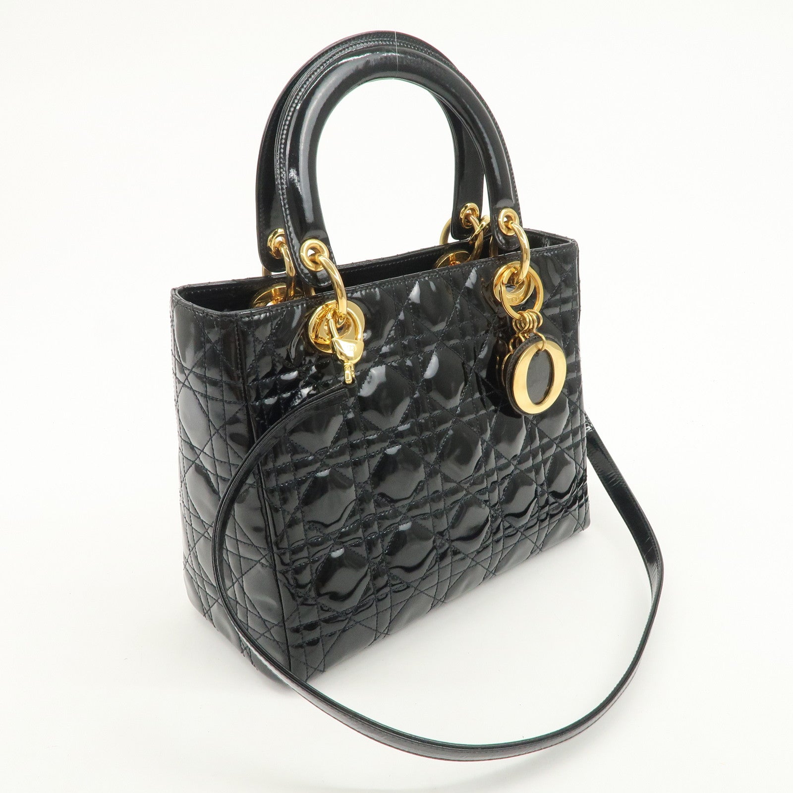 Christian Dior Lady Dior Cannage Patent Leather 2Way Hand Bag Black