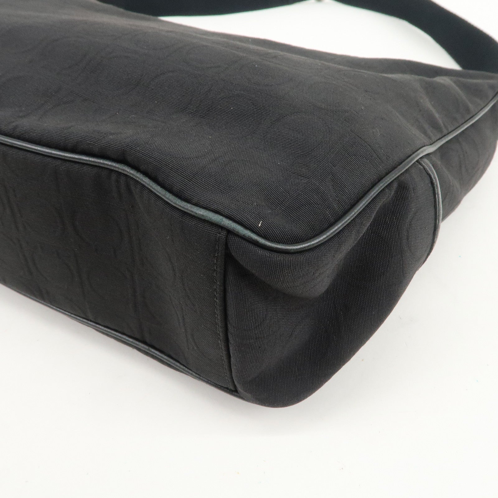 Ferragamo Gancini Logo Nylon Canvas Leather Shoulder Bag Black