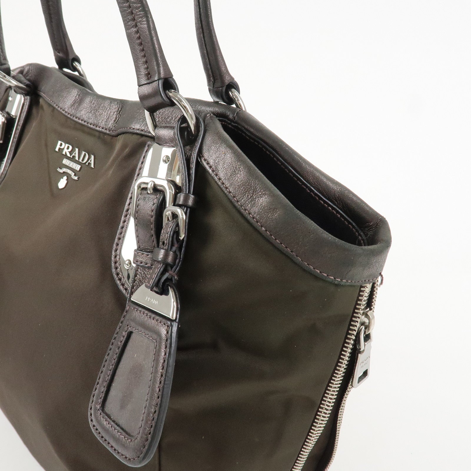 PRADA Logo Nylon Leather Tote Bag Shoulder Bag Khaki Metallic Brown Used