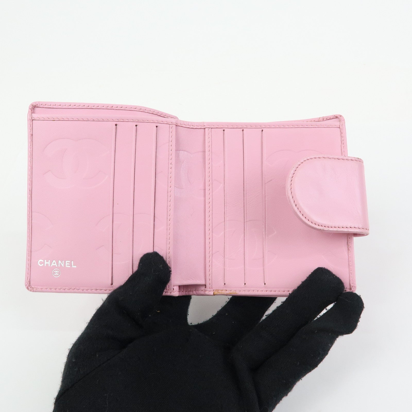 CHANEL Cambon Line Matelasse Lamb Skin Bi-fold Compact Wallet Pink