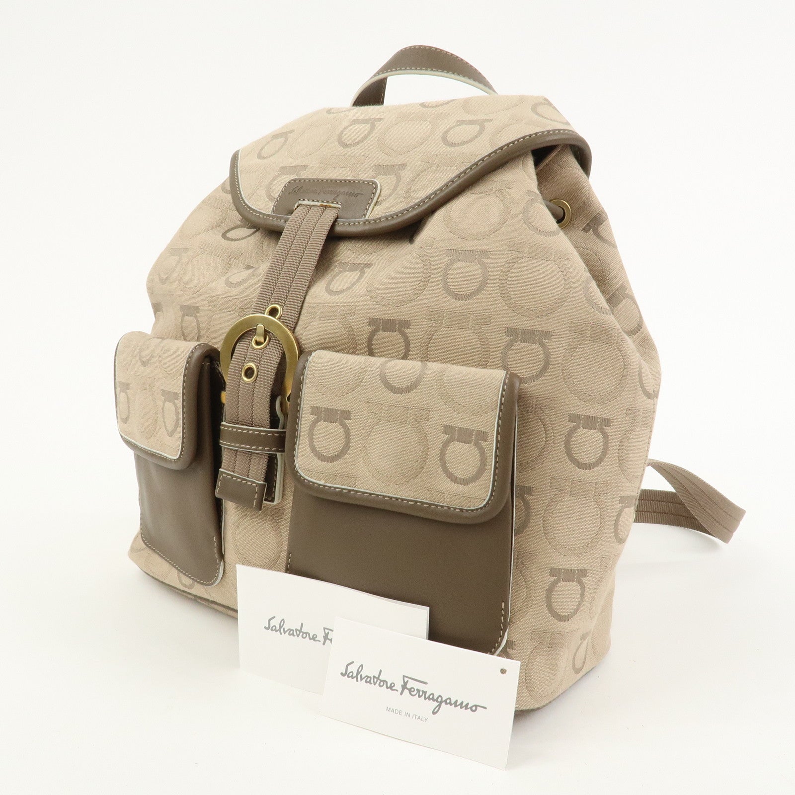 Ferragamo Gancini Canvas Leather Backpack Rucksuck Beige
