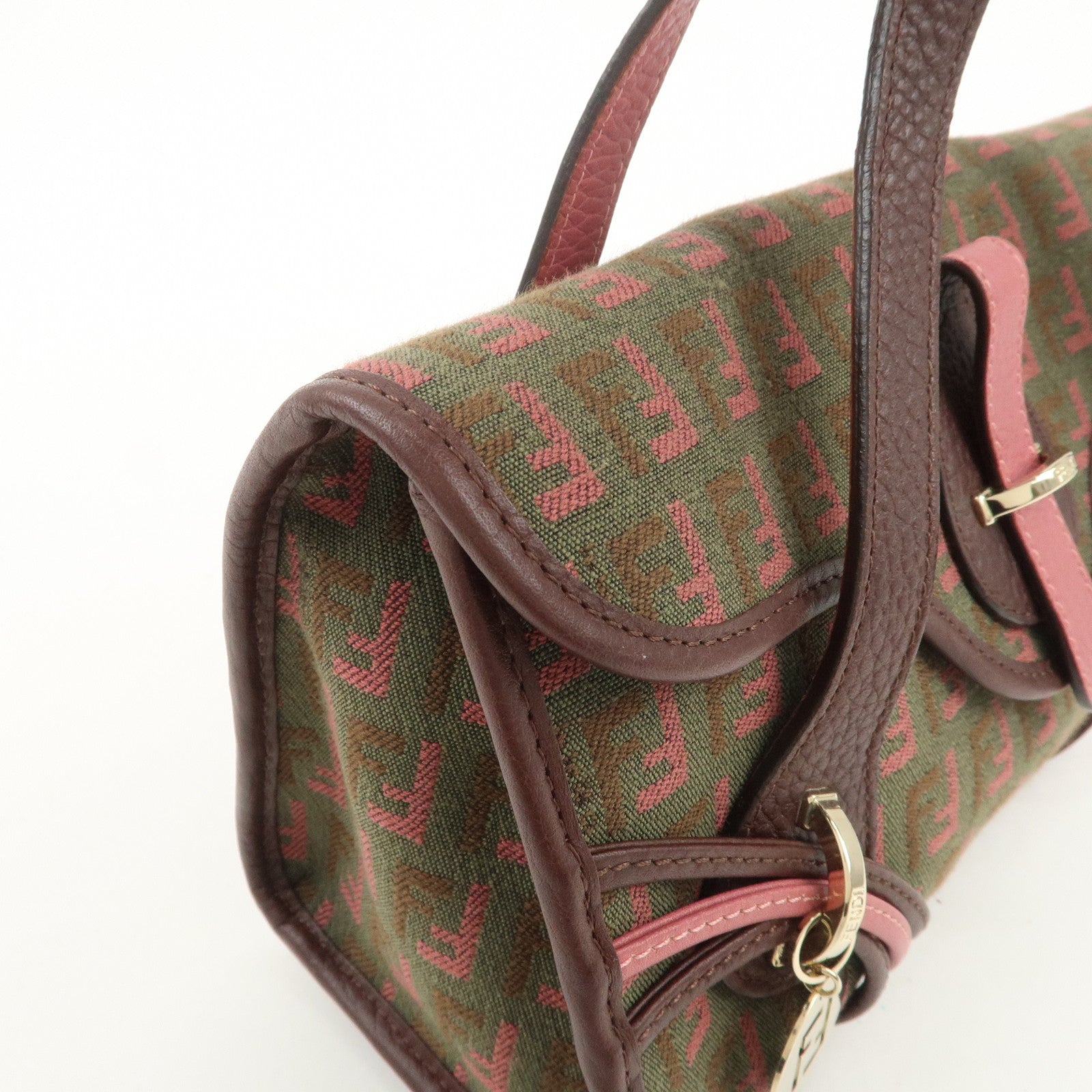 FENDI Zucchino Logo Canvas Leather Hand Bag Brown Pink 8BN147