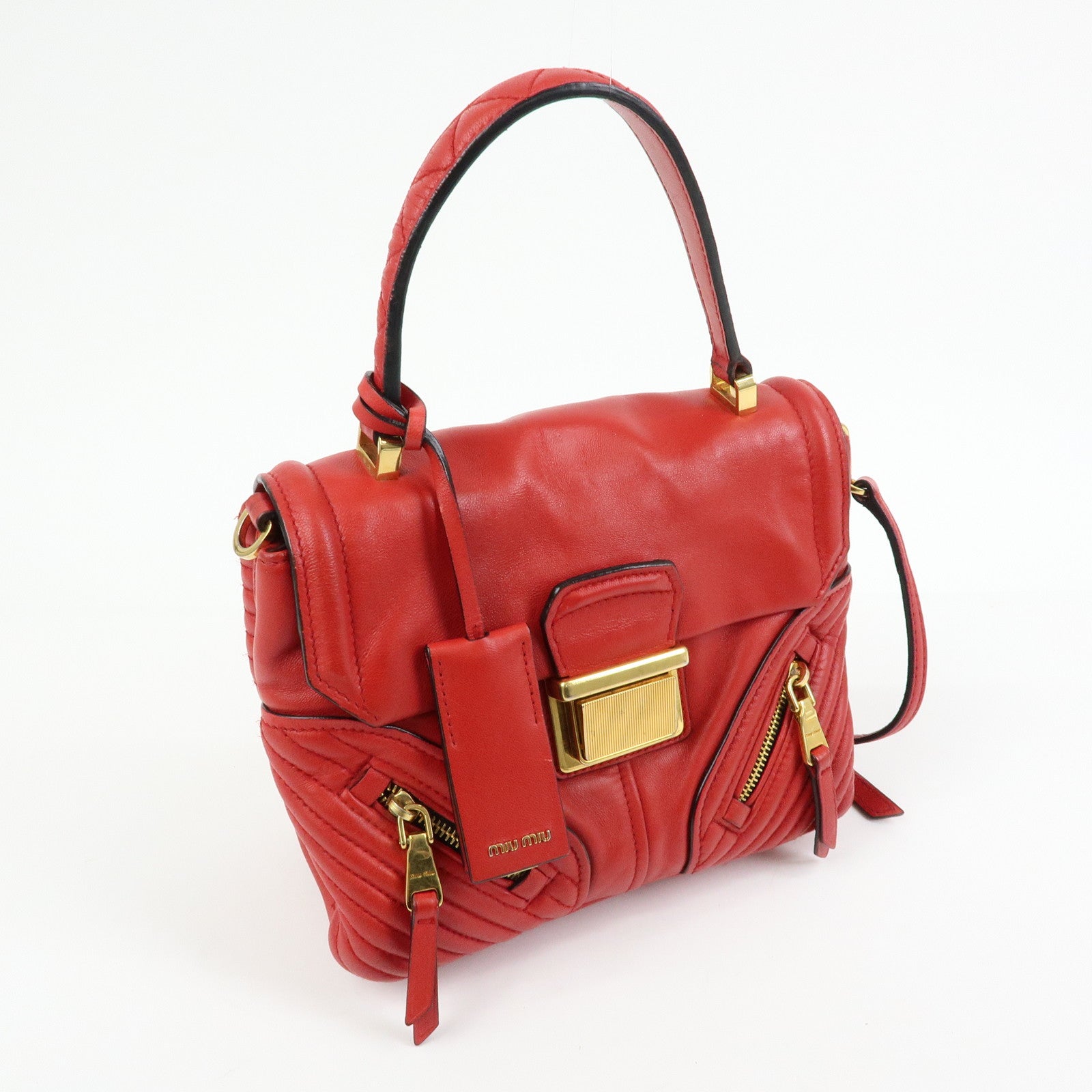 MIU MIU Leather 2Way Bag Hand Bag Shoulder Bag Crossbody Bag Red