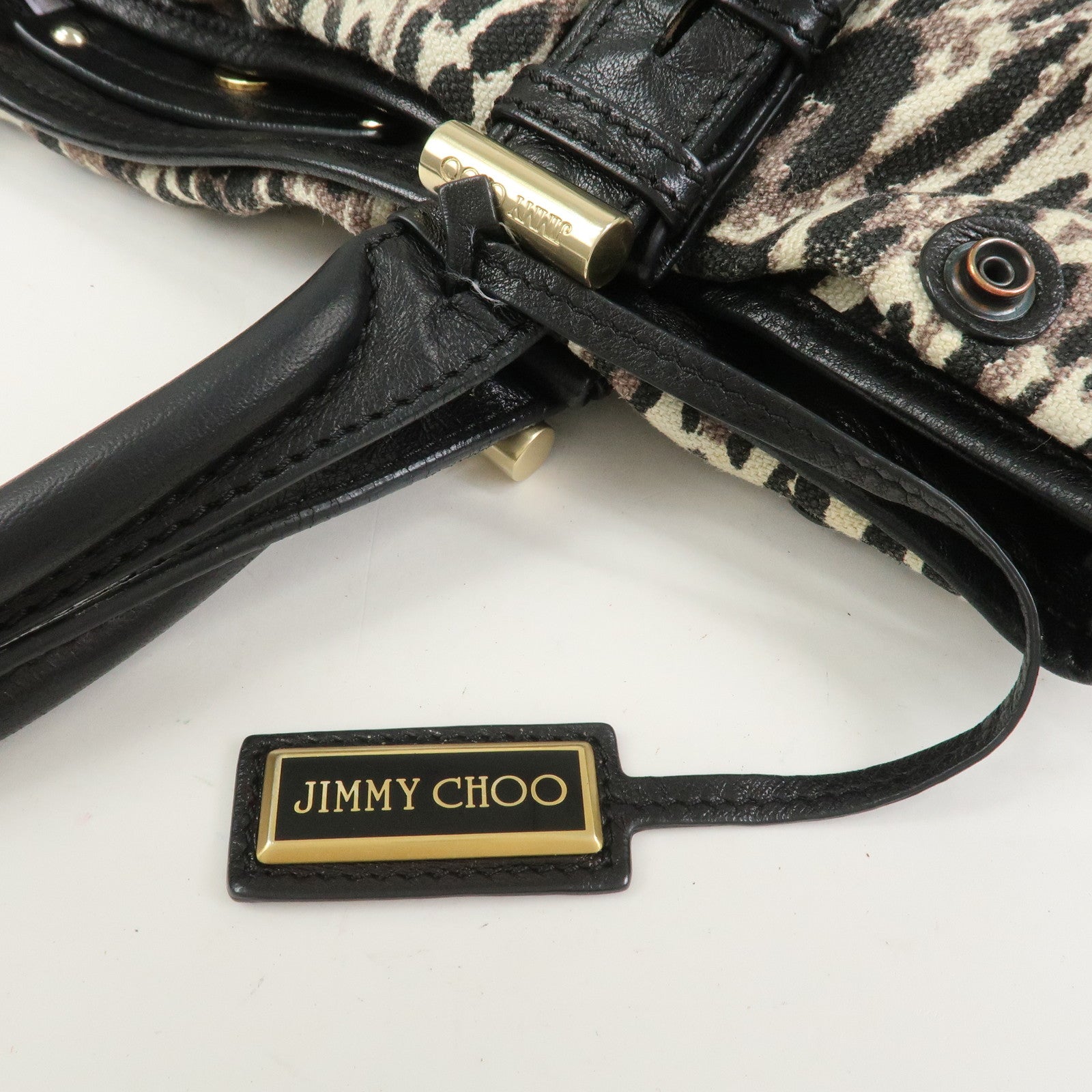 JIMMY CHOO Leopard Canvas Leather Tote Bag Shoulder Bag Ivory Black