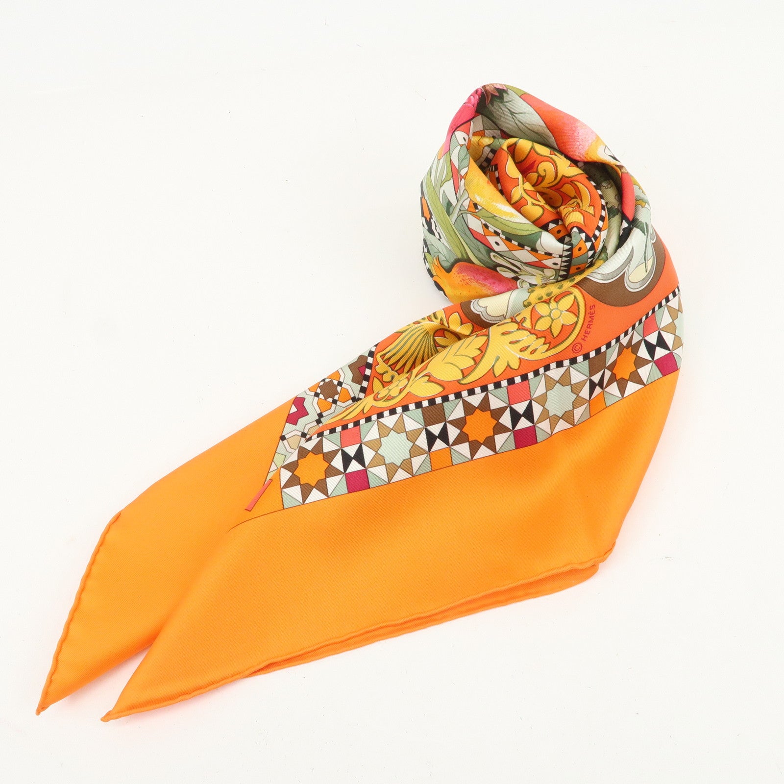 HERMES Carre 90 Silk 100% Les Jardins d’ Andalousie Scarf Oragne