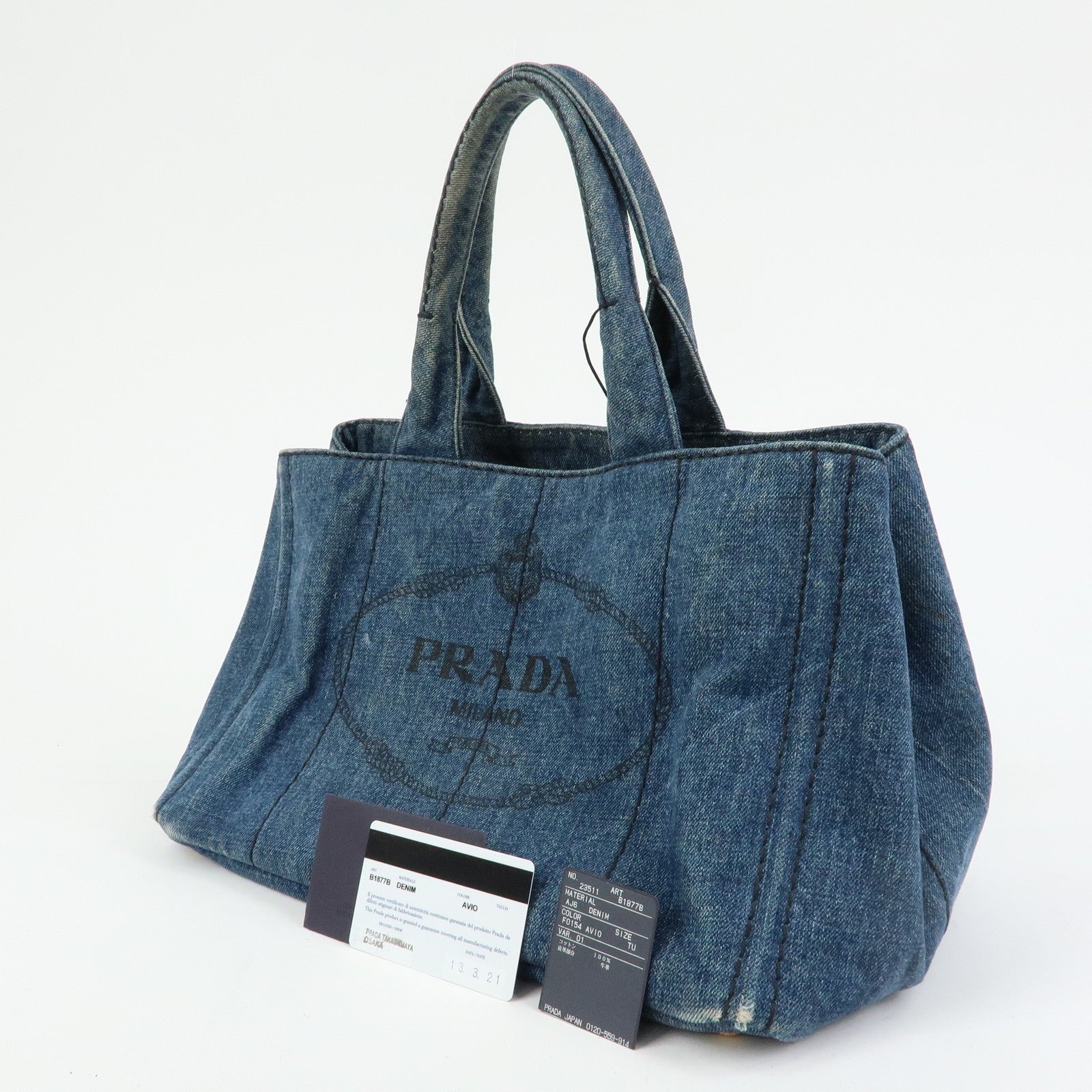 PRADA Logo Canapa Canvas Denim Tote Bag Hand Bag B1877B