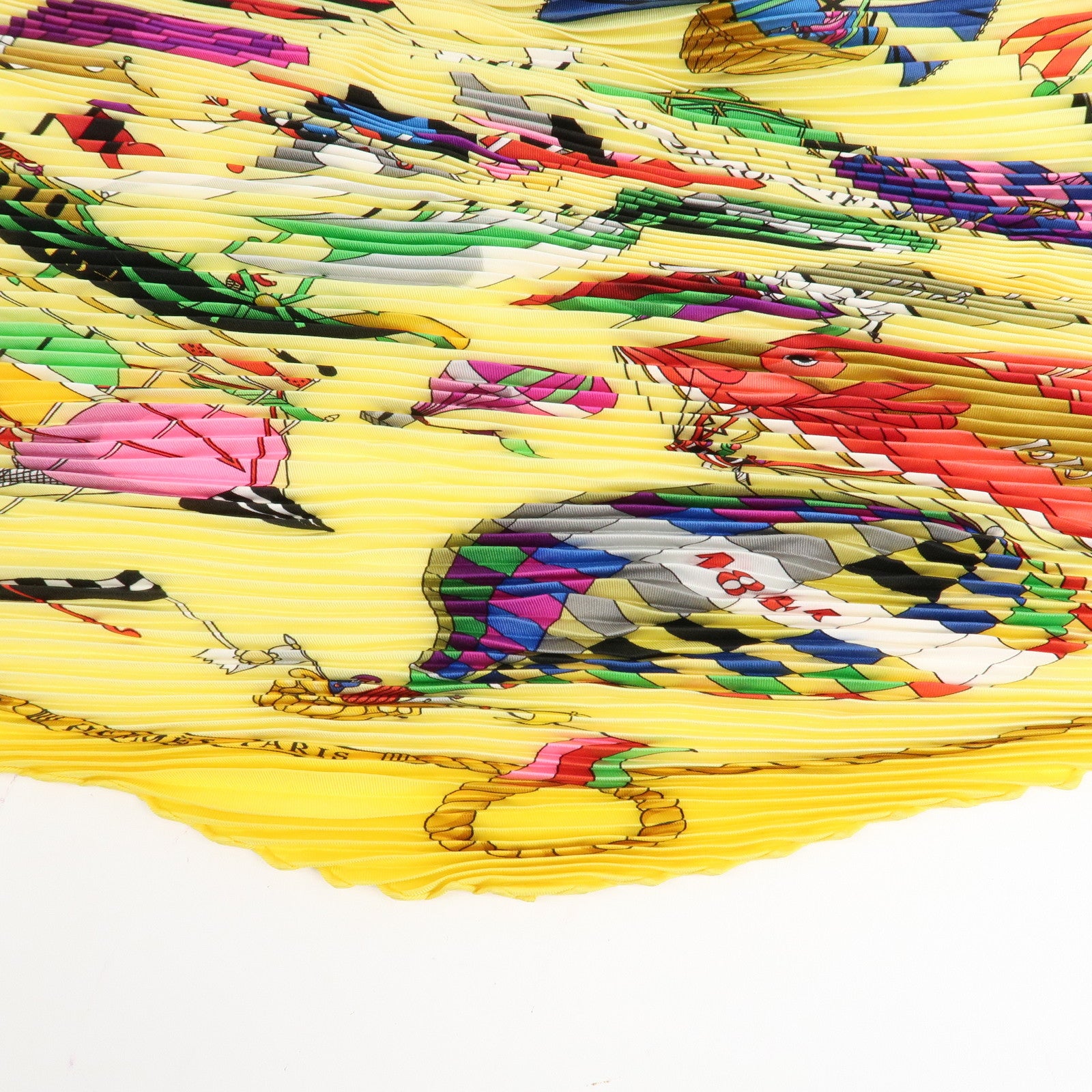 HERMES pleats Carre 90 Silk 100% Scarf Yellow Green Purple Red Used