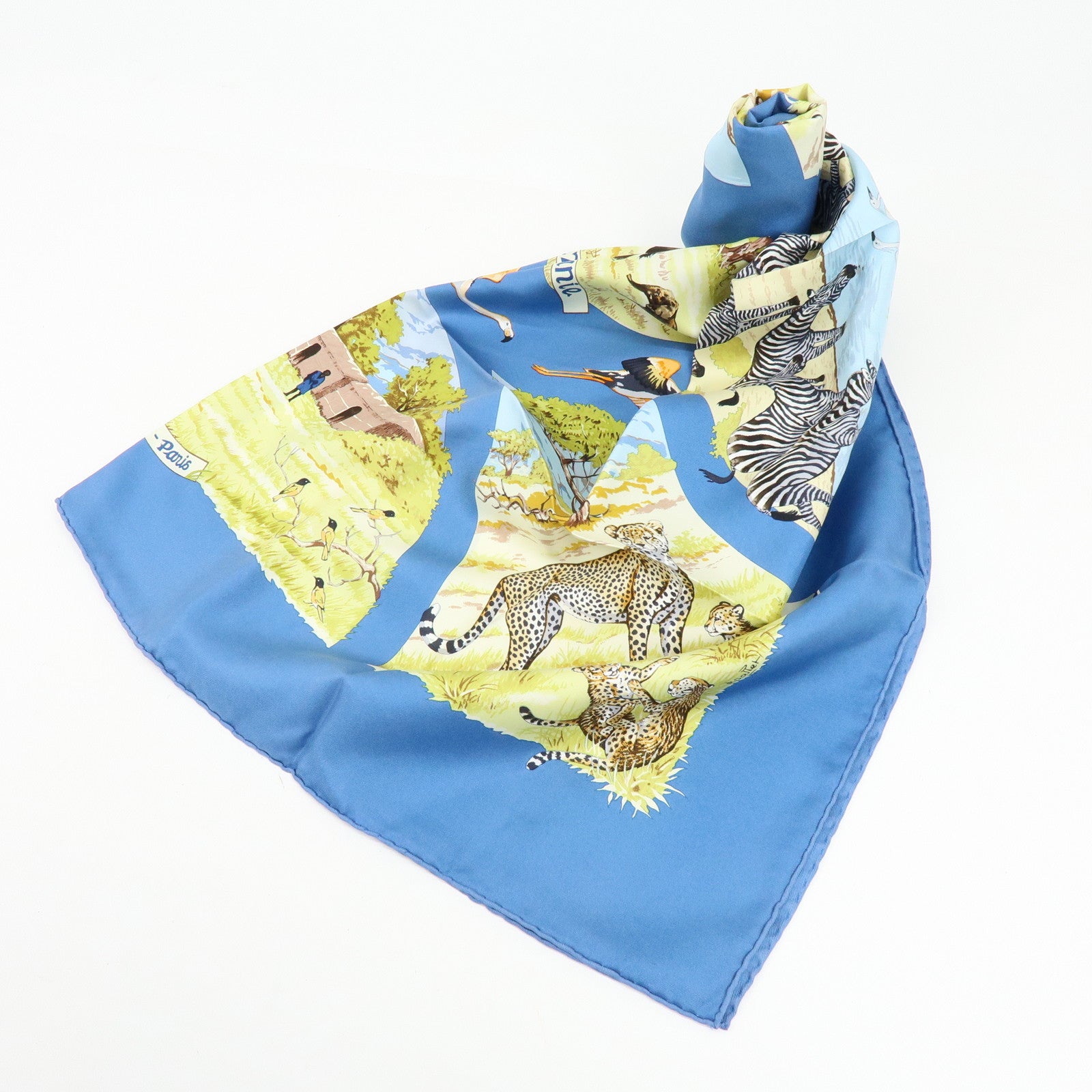 HERMES Carre 90 Silk 100% Scarf Tanzanie Animal Print Blue Green
