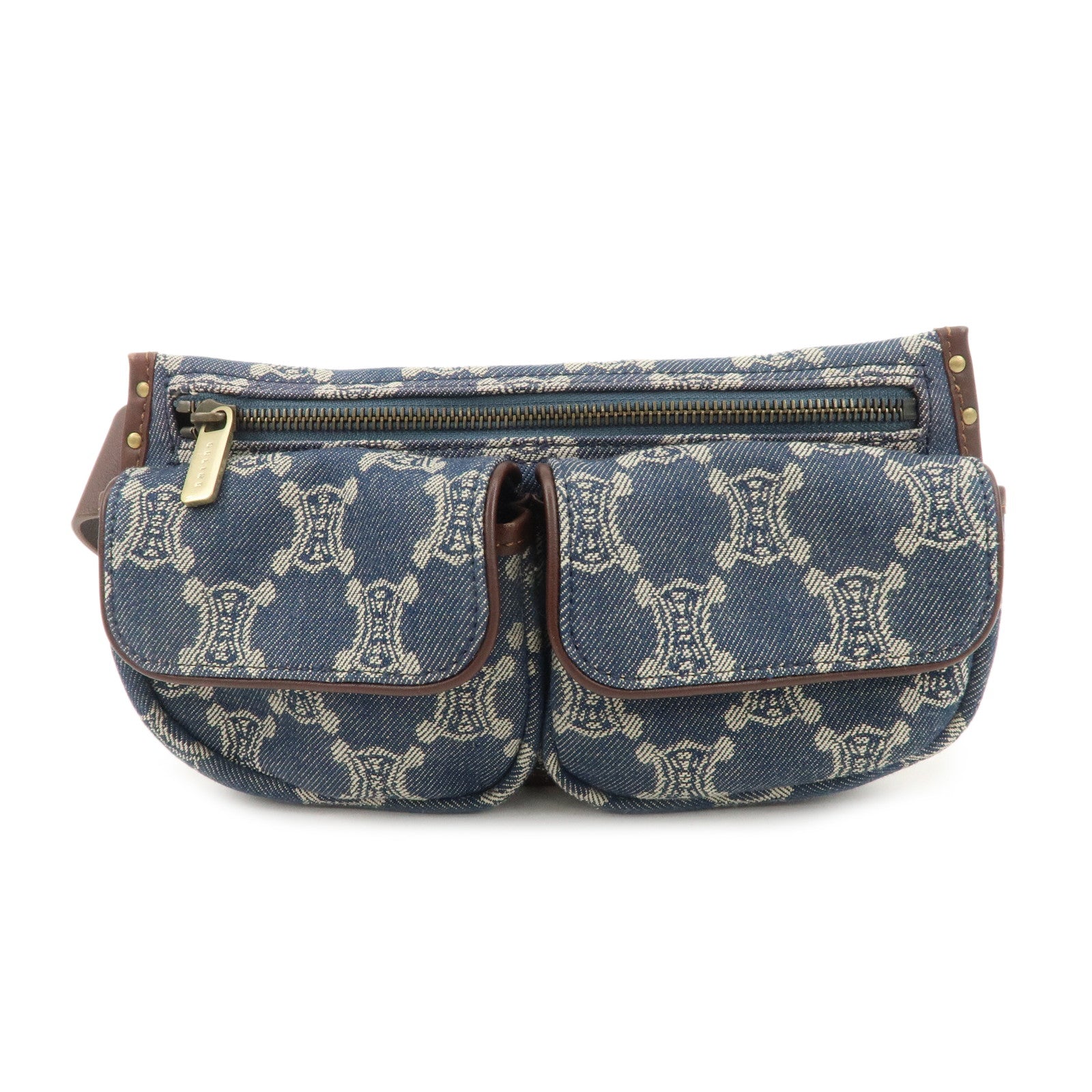 CELINE Macadam Waist Bag Denim Navy Dark Brown Gold HDW Used