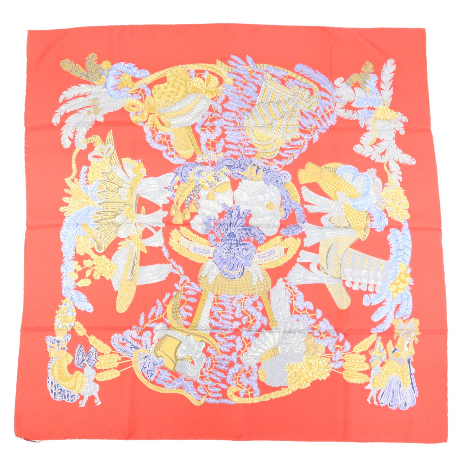 HERMES Carre 90 Silk 100% Scarf Chapeau Red Yellow