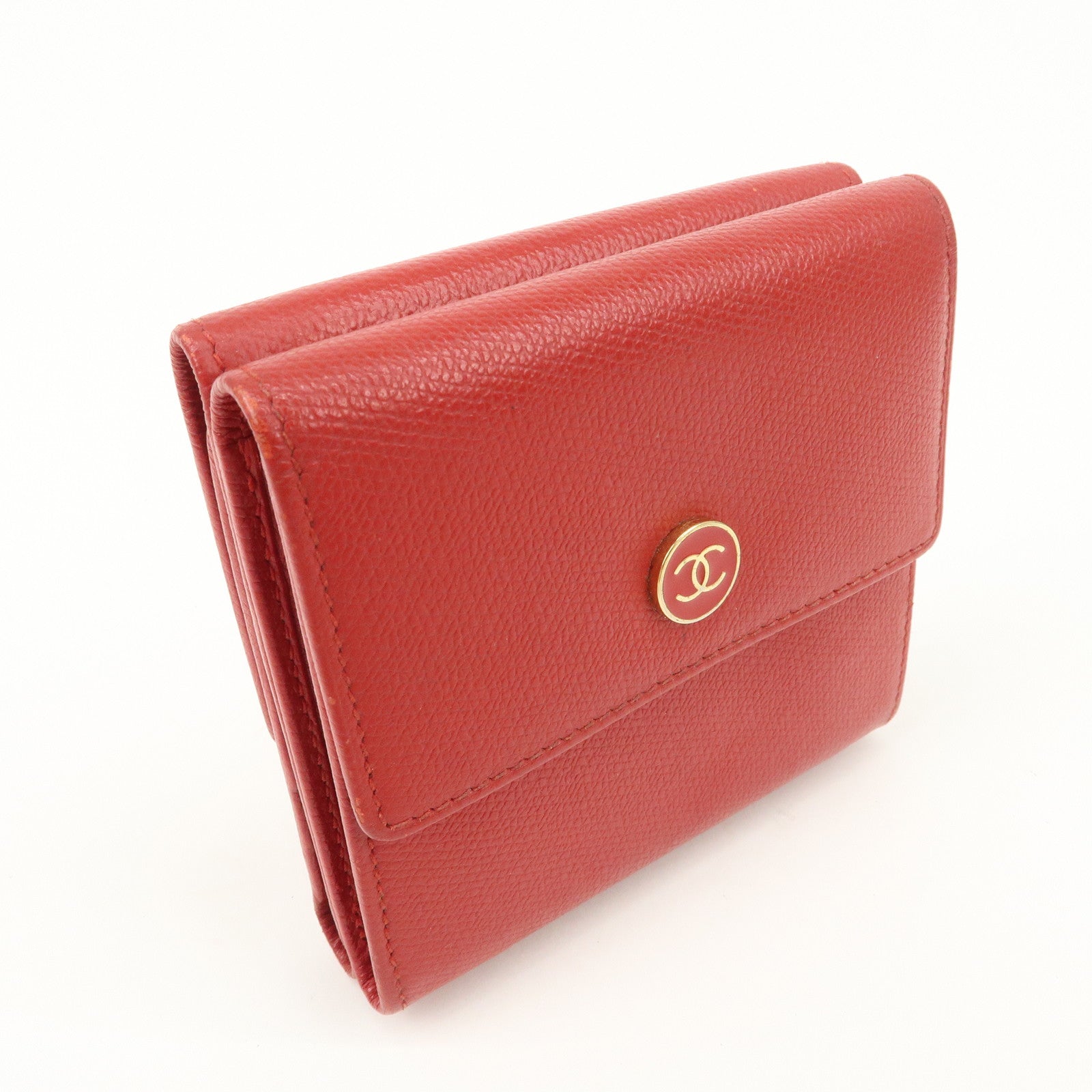 CHANEL COCO Button Leather Double Hook Compact Wallet Red A20902