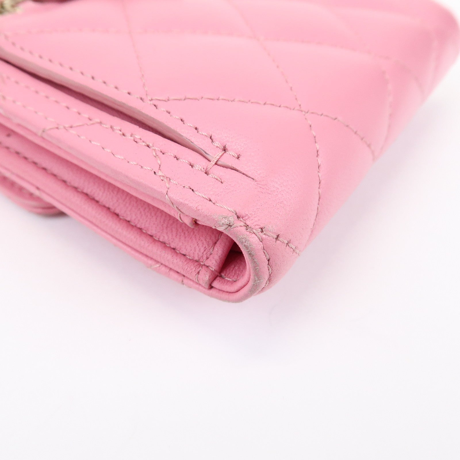 CHANEL Matelasse Lamb Skin Small Tri-Fold Wallet Pink AP0231