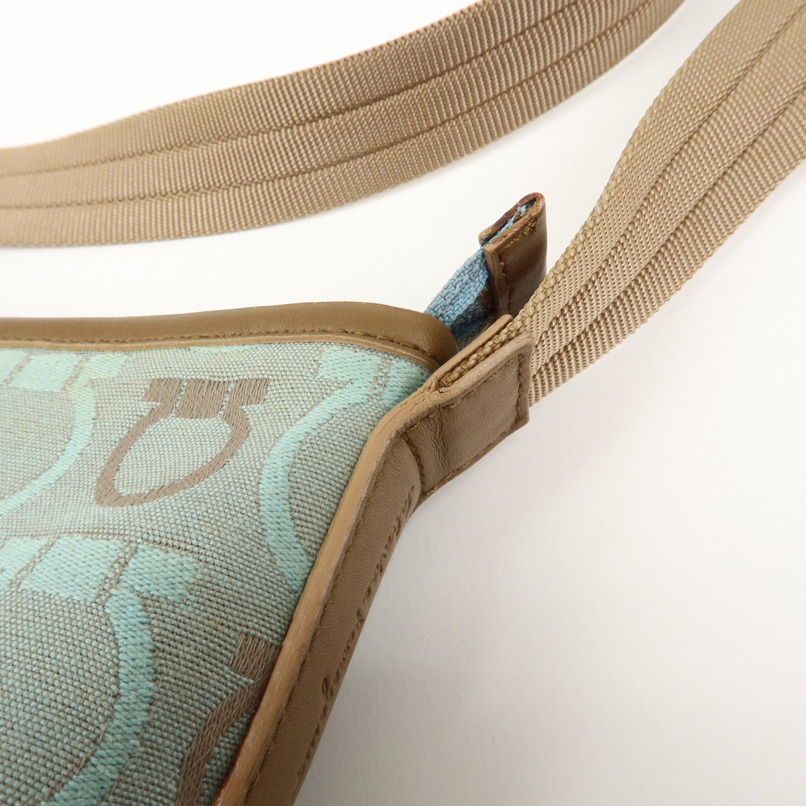 Ferragamo Gancini Logo Canvas Leather Shoulder Bag Light Blue Brown