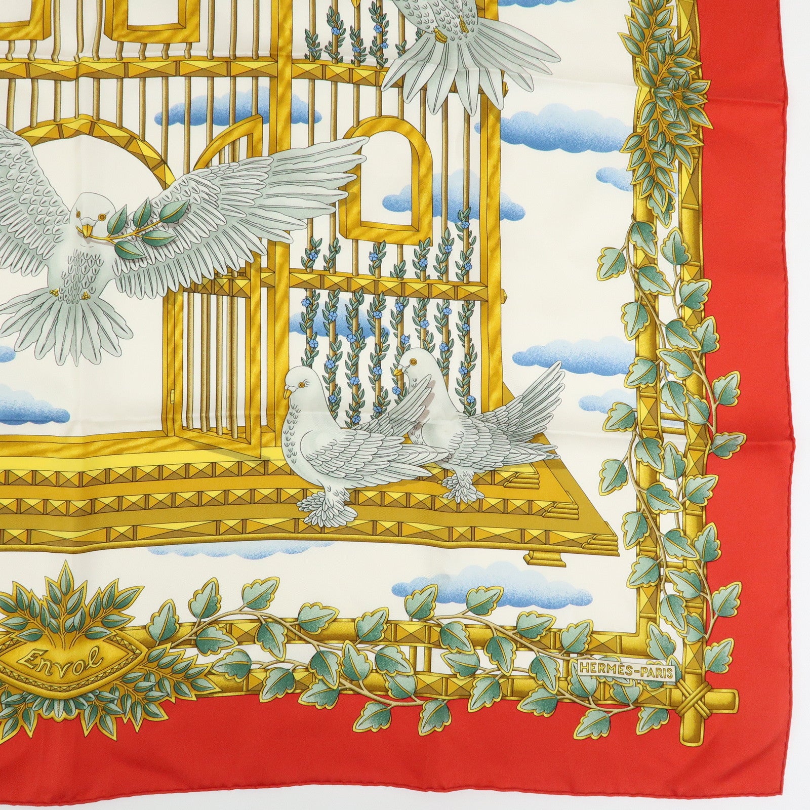 HERMES Carre 90 Silk 100% Scarf ENVOL Bird Print Red White