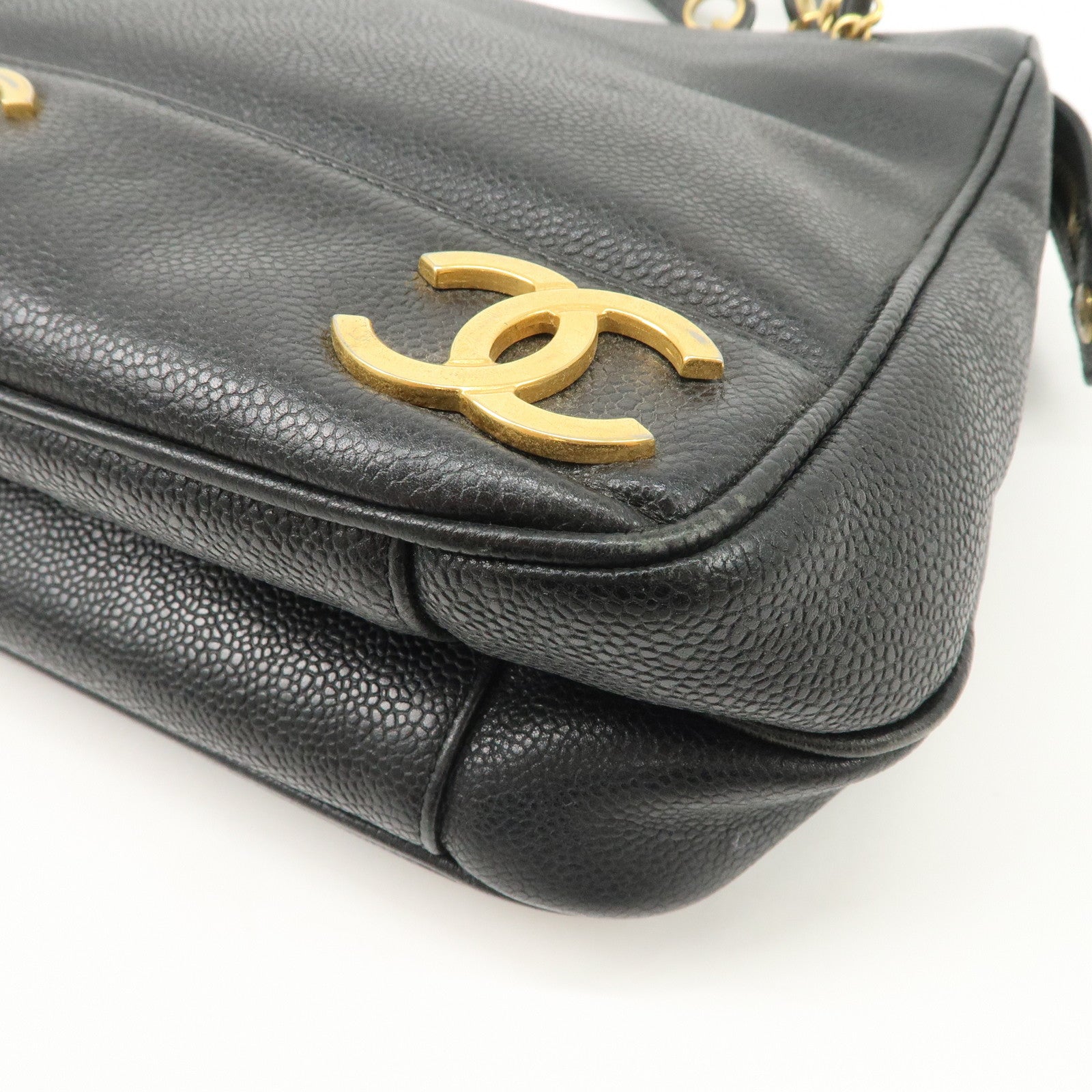 CHANEL Triple COCO Mark Caviarskin Shoulder Bag Black Gold HDW Used