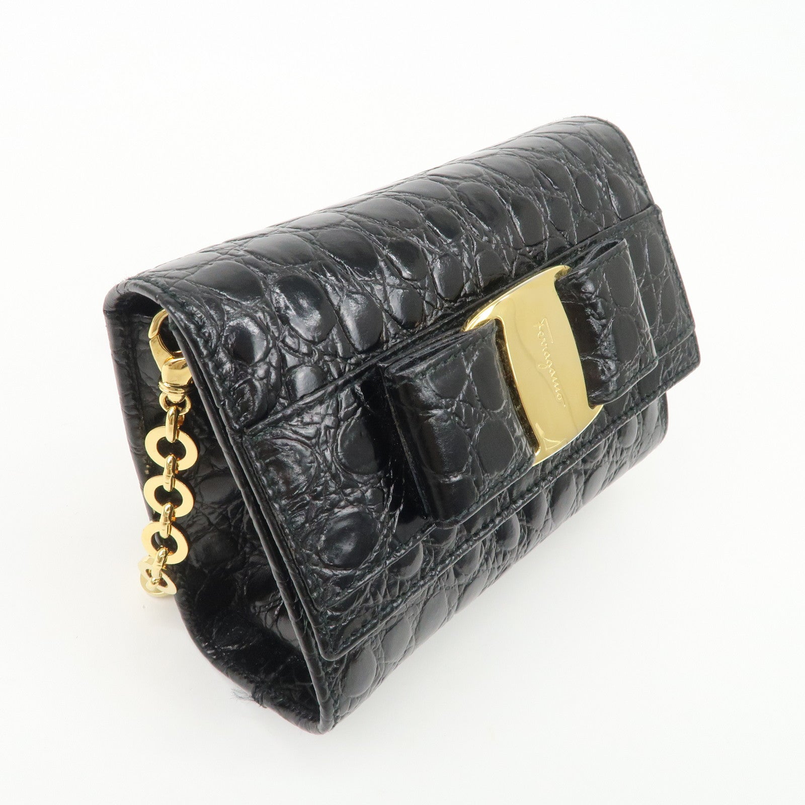 Ferragamo Vara Ribbon Leather Chain Shoulder Bag Black AQ213202