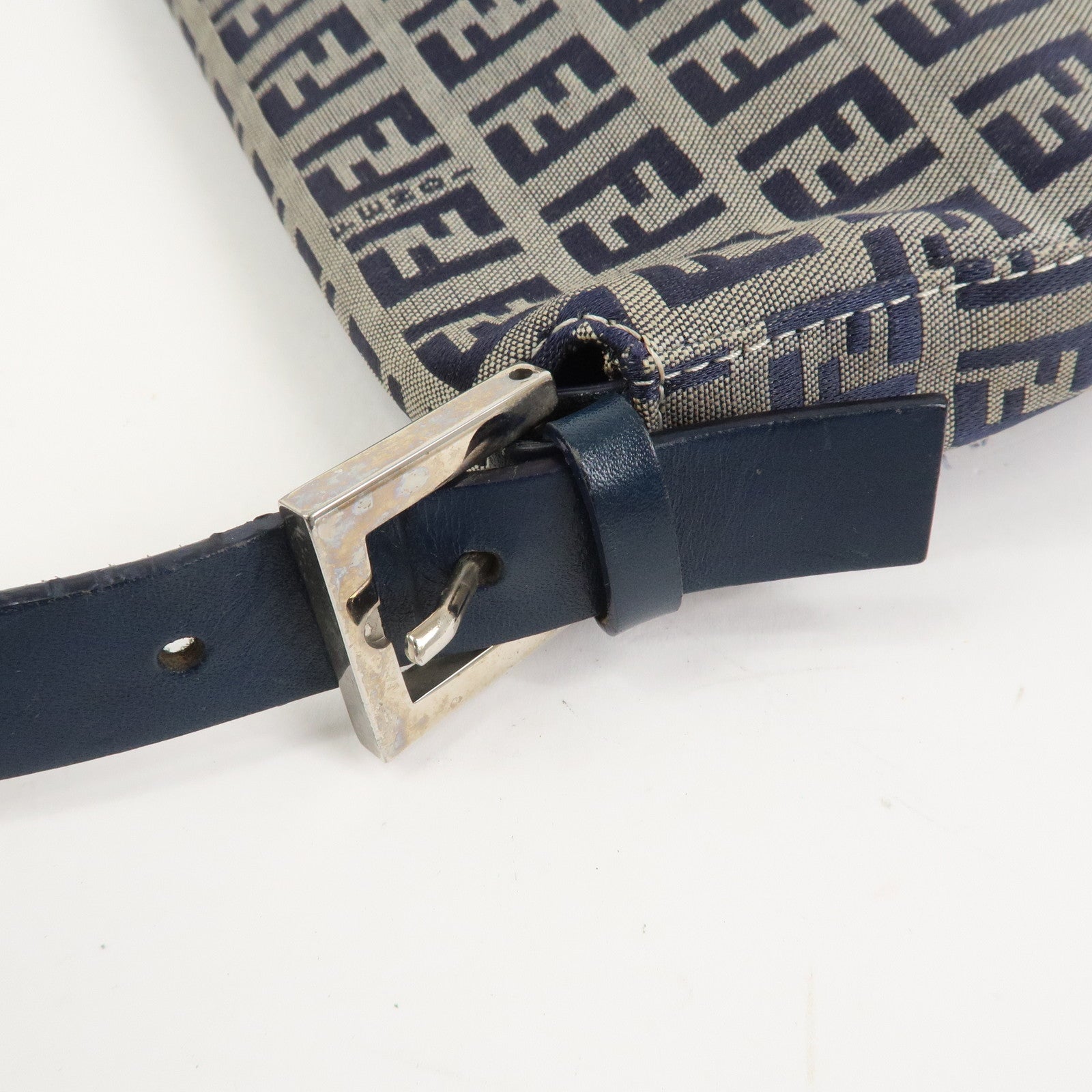 FENDI Mamma Baguette Zucchino Canvas Shoulder Bag Navy 26424