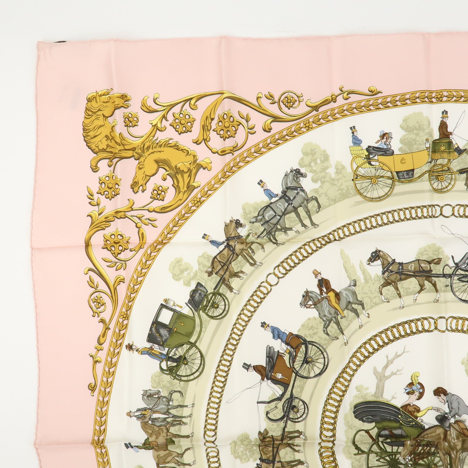 HERMES Carre 90 Silk 100% Scarf LA PROMENADE DE LONGCHAMPS White